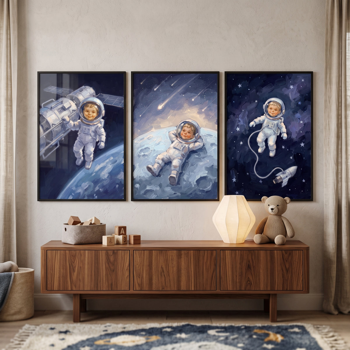 Starlit Indigo Baby Astronaut Wall Art Set of 3 - Little Space Explorer