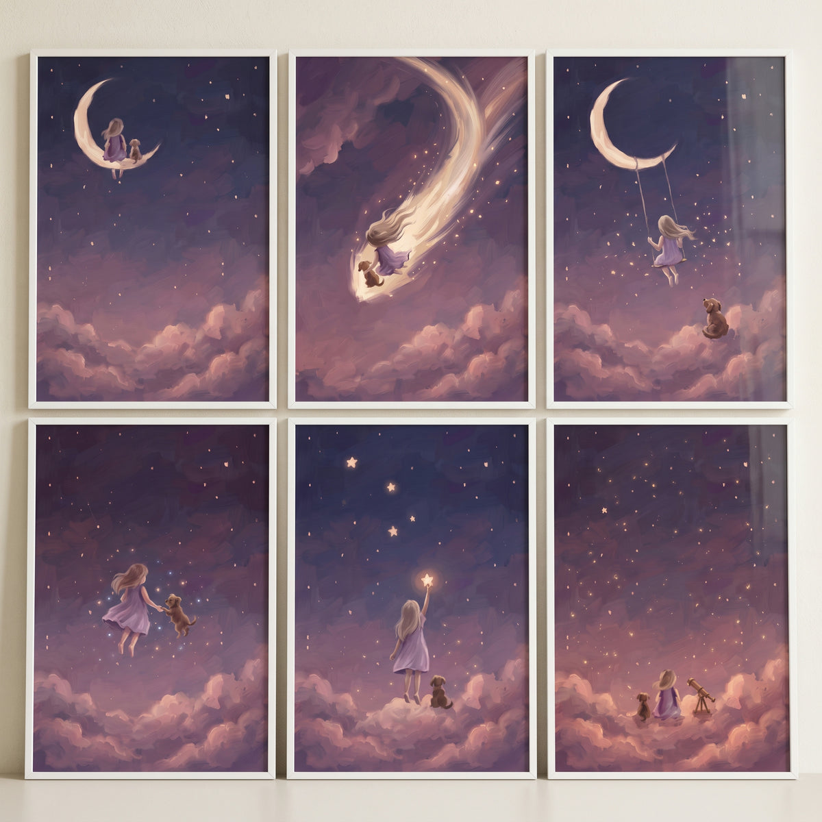Starlit mauve girl dog wall art set of 6 features a child and pet in dreamy scenes with purple clouds and golden stars.