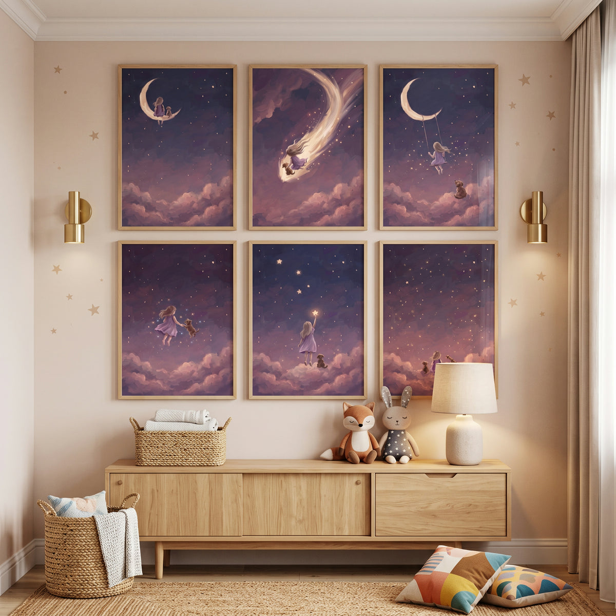 Starlit Mauve Girl Dog Wall Art Set of 6 - Stardust Companions