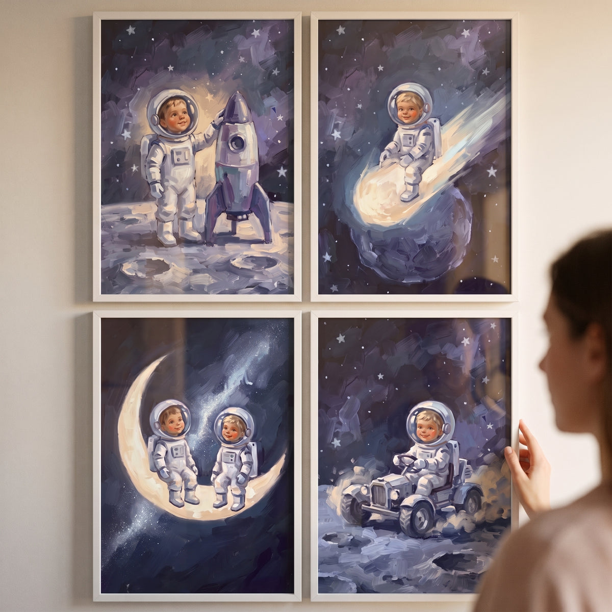 Starlit navy baby astronaut wall art set of 4 featuring children in space suits on a rocket, moon, and rover.