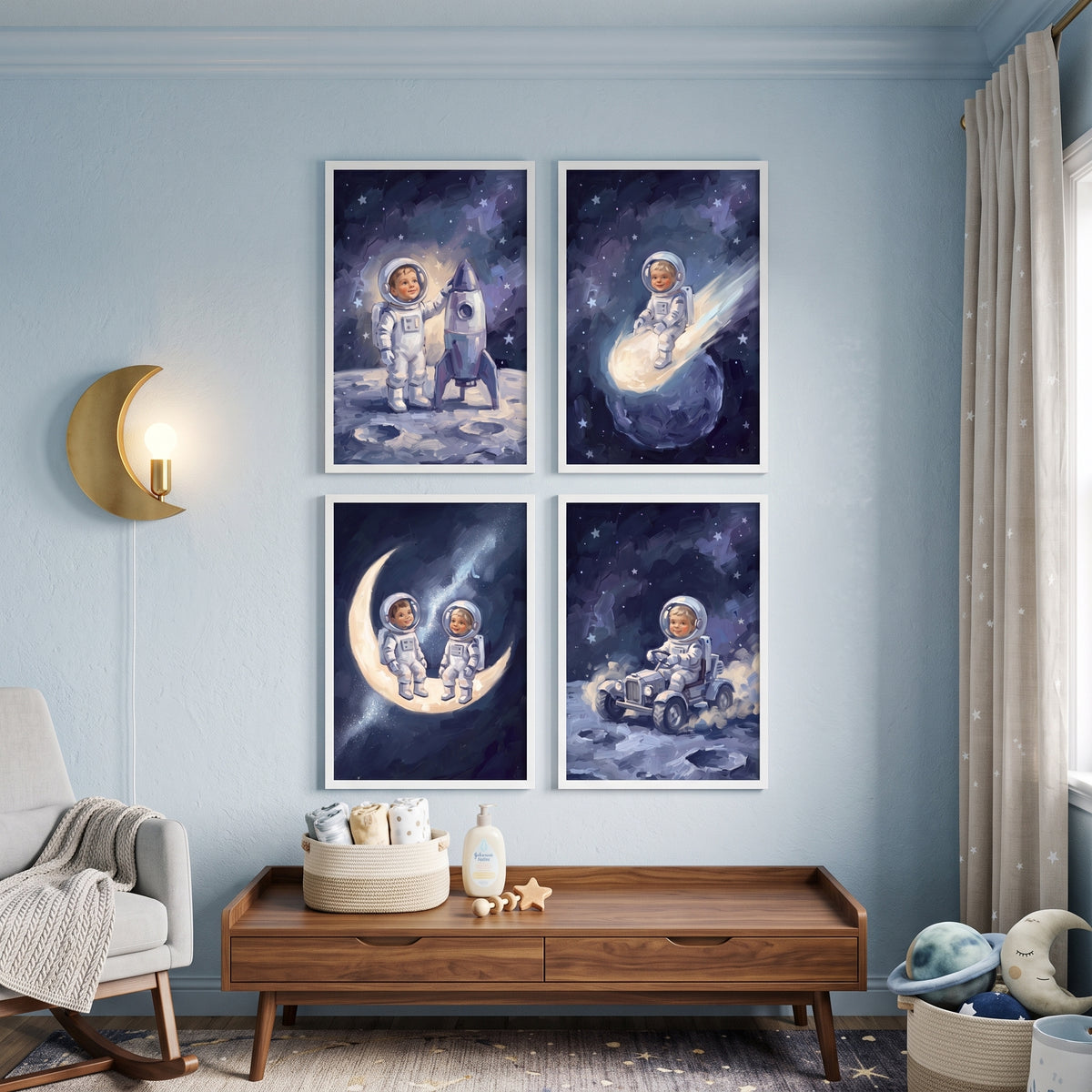 Starlit Navy Baby Astronaut Wall Art Set of 4 - Stellar Moon Travels