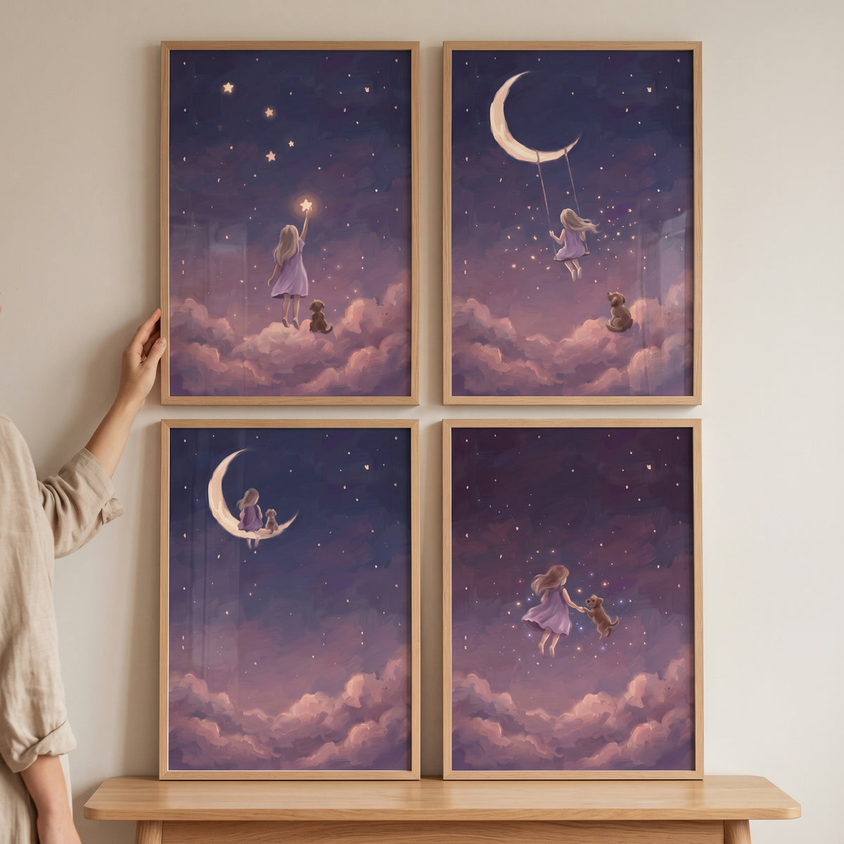 Starlit nightfall girl dog wall art set of 4 in wooden frames showing a girl and dog among clouds and a crescent moon.
