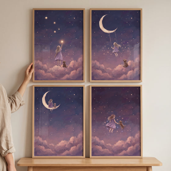 Starlit nightfall girl dog wall art set of 4 in wooden frames showing a girl and dog among clouds and a crescent moon.