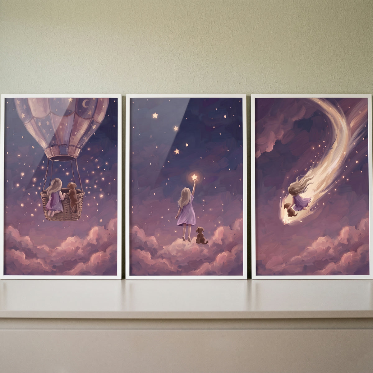 Starlit orchid girl dog wall art set of 3 shows a girl and dog in a hot air balloon, on clouds, and riding a shooting star.