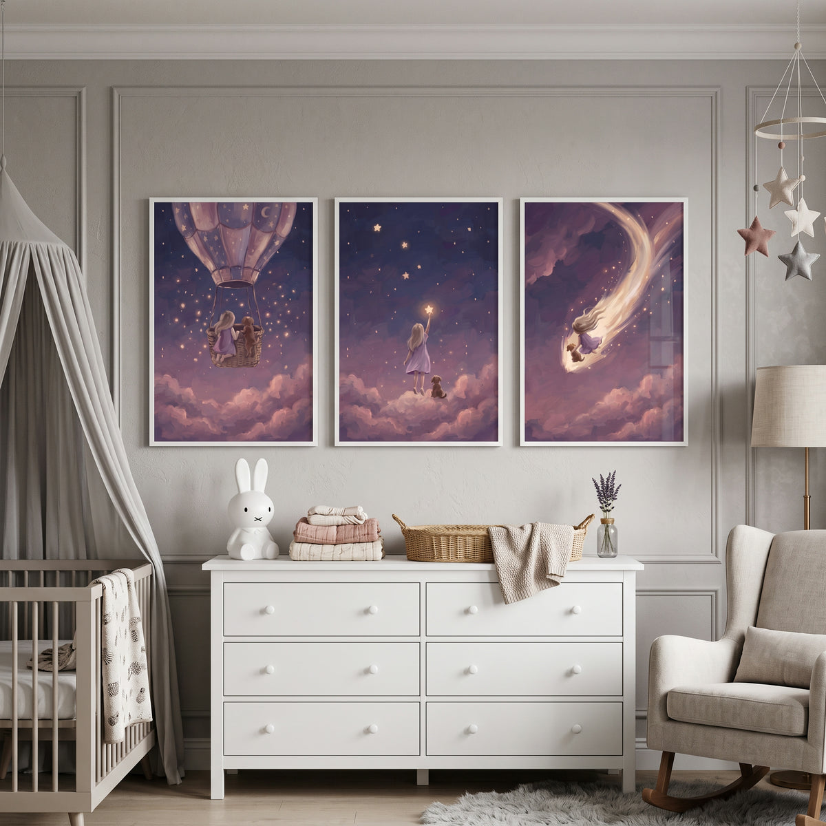 Starlit Orchid Girl Dog Wall Art Set of 3 - Starry Dream Journey
