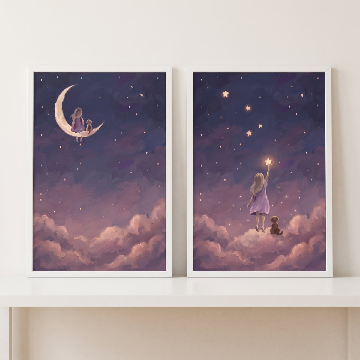 Starlit purple girl dog wall art set of 2 shows a girl and pet on a moon and clouds under a dreamy starry night sky.
