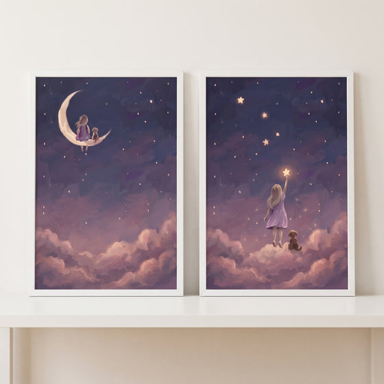 Starlit purple girl dog wall art set of 2 shows a girl and pet on a moon and clouds under a dreamy starry night sky.