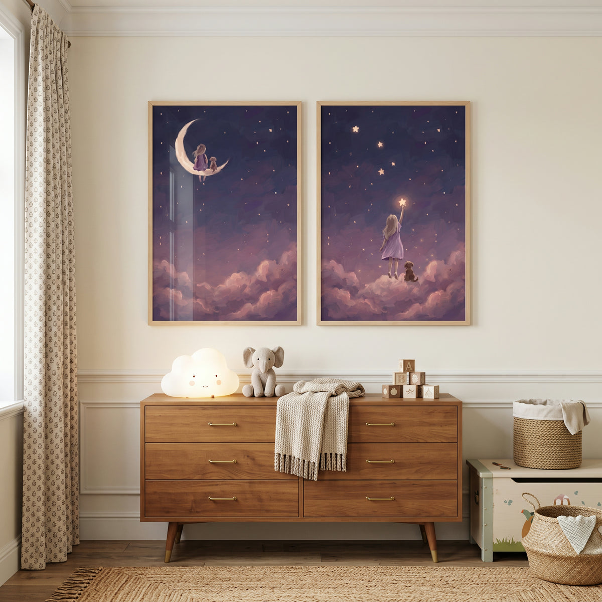 Starlit Purple Girl Dog Wall Art Set of 2 - Dreamy Starry Night
