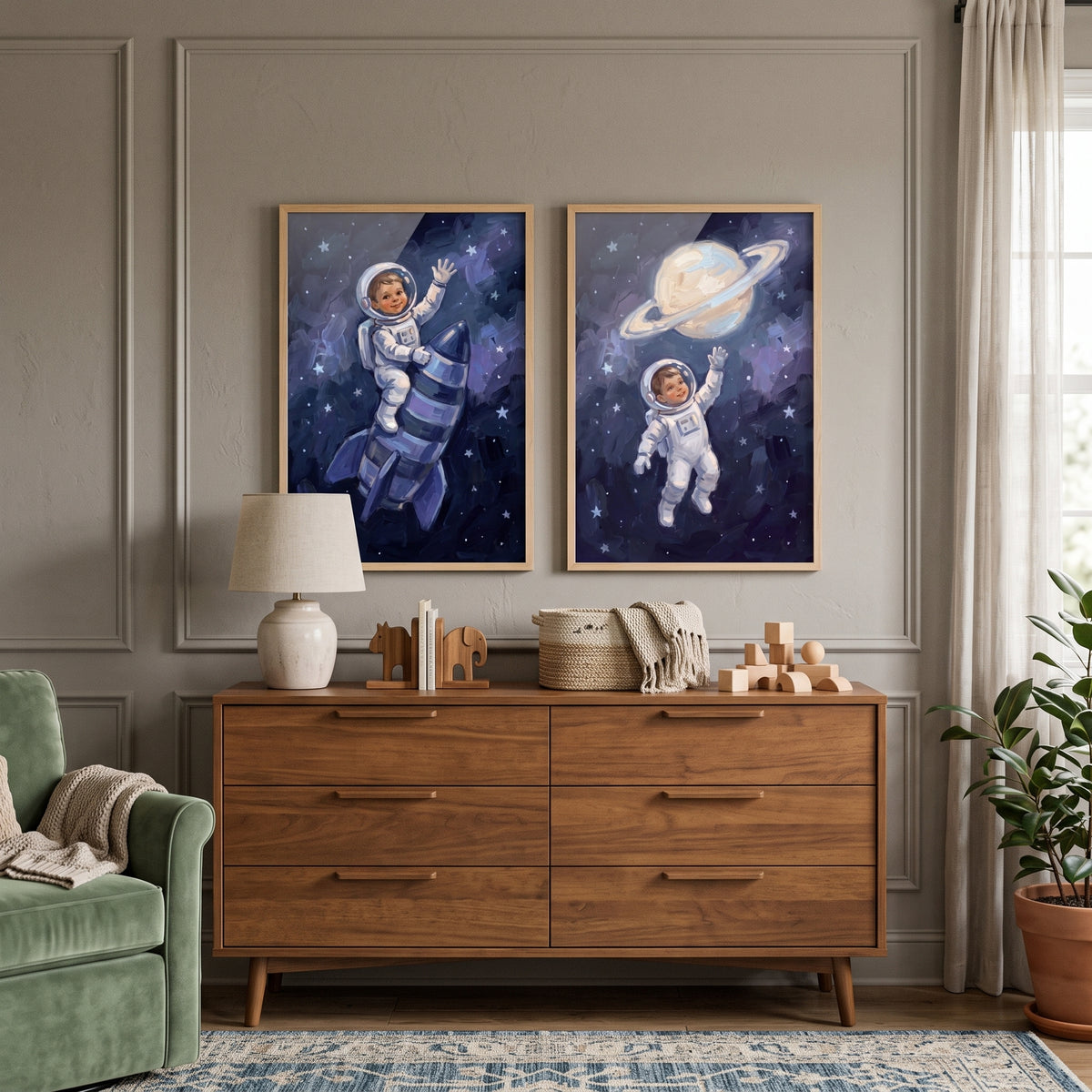 Starlit Sapphire Baby Astronaut Wall Art Set of 2 - Tiny Astronaut Dreams