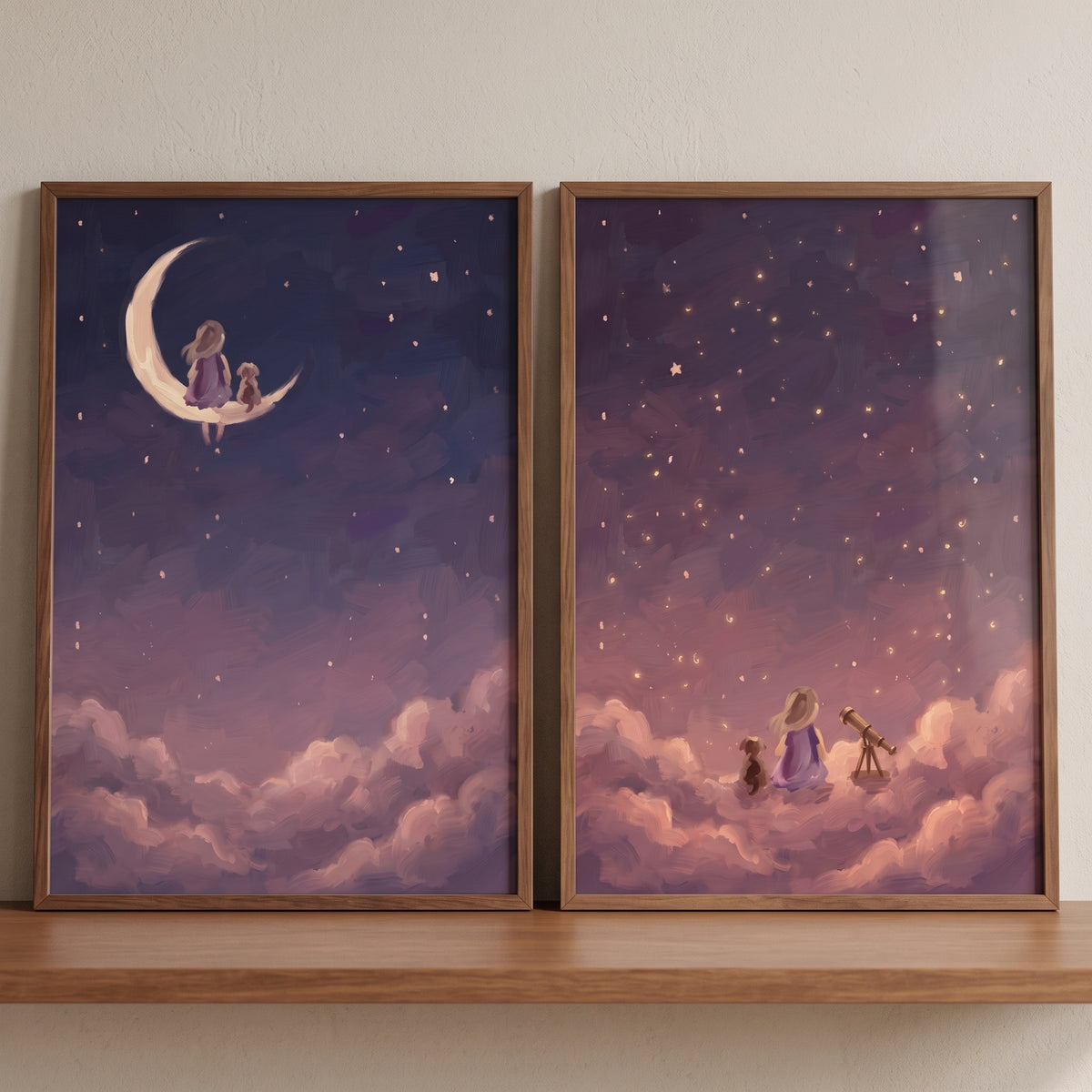 Starry cloud girl dog wall art set of 2 shows a girl and dog on a moon and clouds looking at the sky with a telescope.