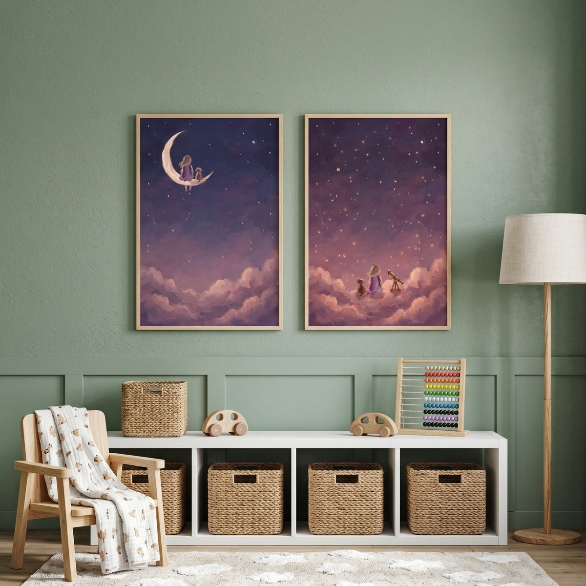 Starry Cloud Girl Dog Wall Art Set of 2 - Moonlit Cloud Watchers