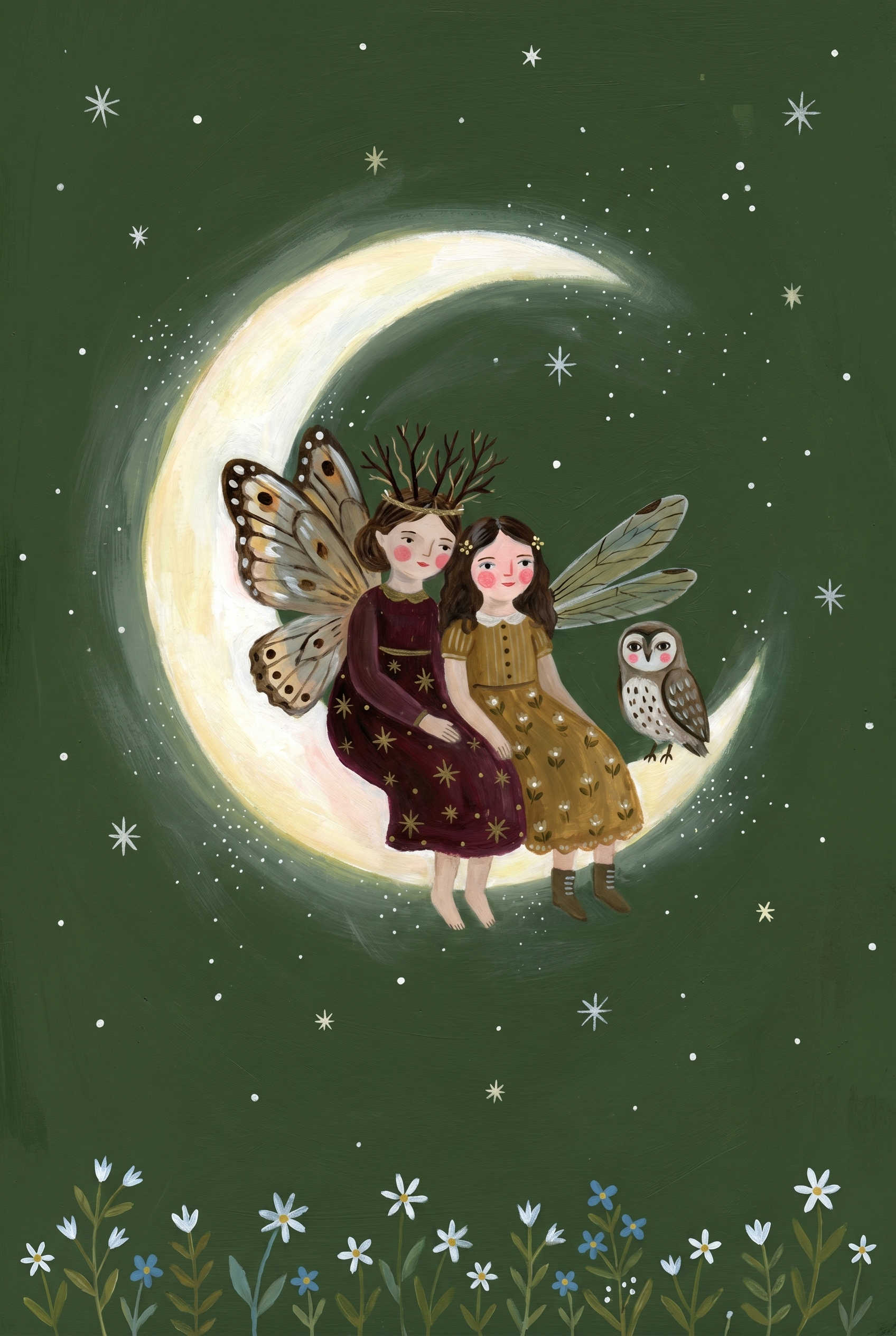 Starry Crescent Moon Fairies Wall Art - Moonlight Fairy Sisters