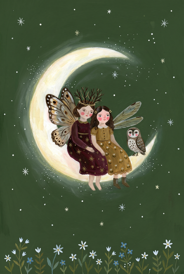 Two winged fairies and a small owl sit on a glowing moon in this starry crescent moon fairies wall art.