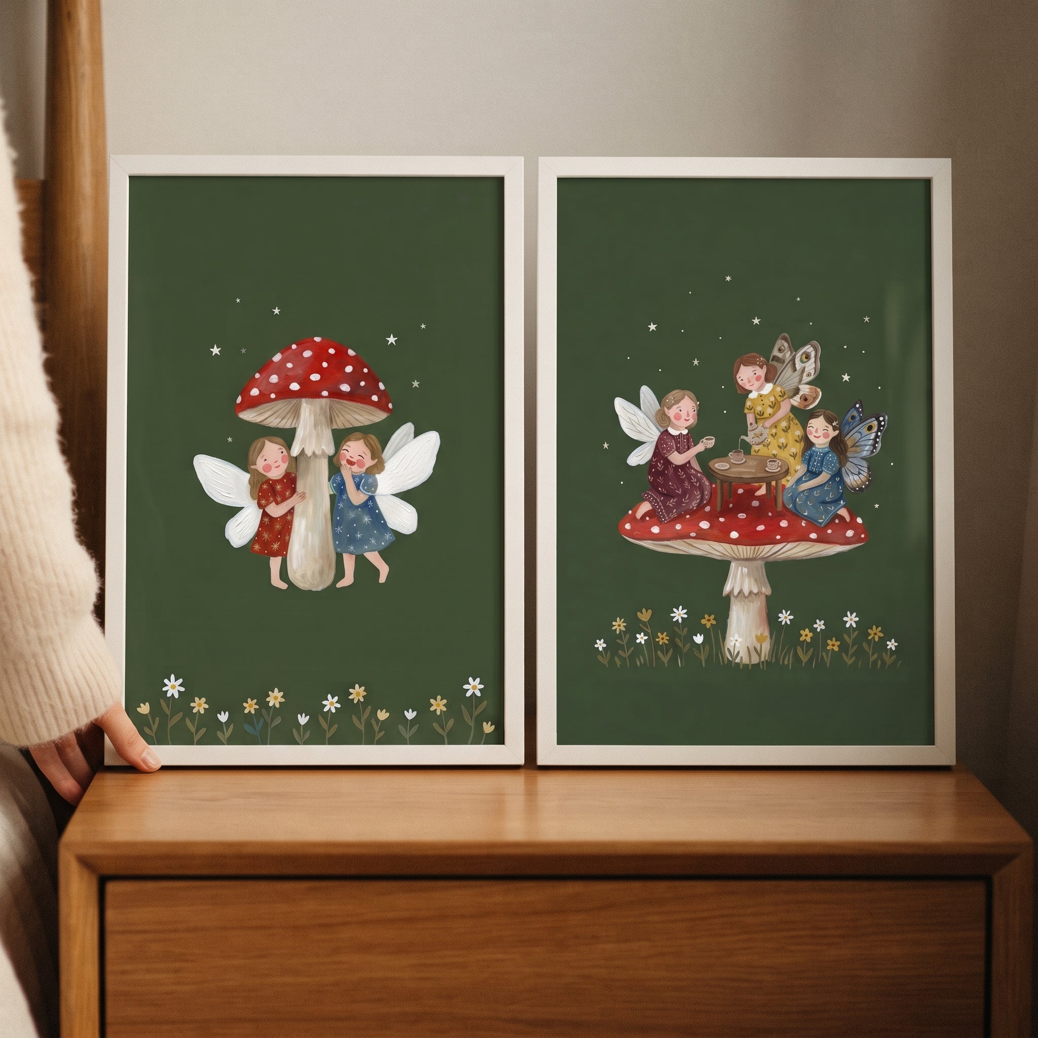 Starry Dark Forest Fairies Wall Art Set of 2 - Tiny Fairy Gathering