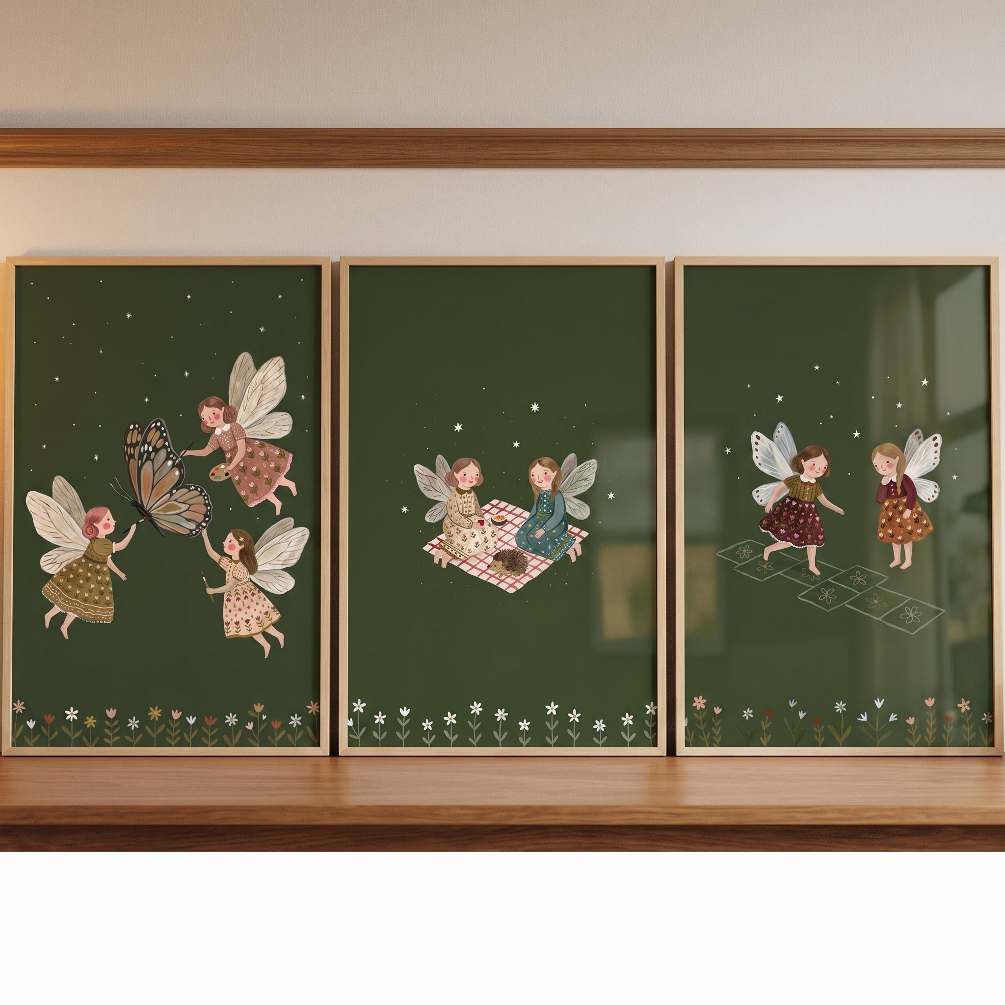Starry Dark Green Fairies Wall Art Set of 3 - Enchanted Meadow Play
