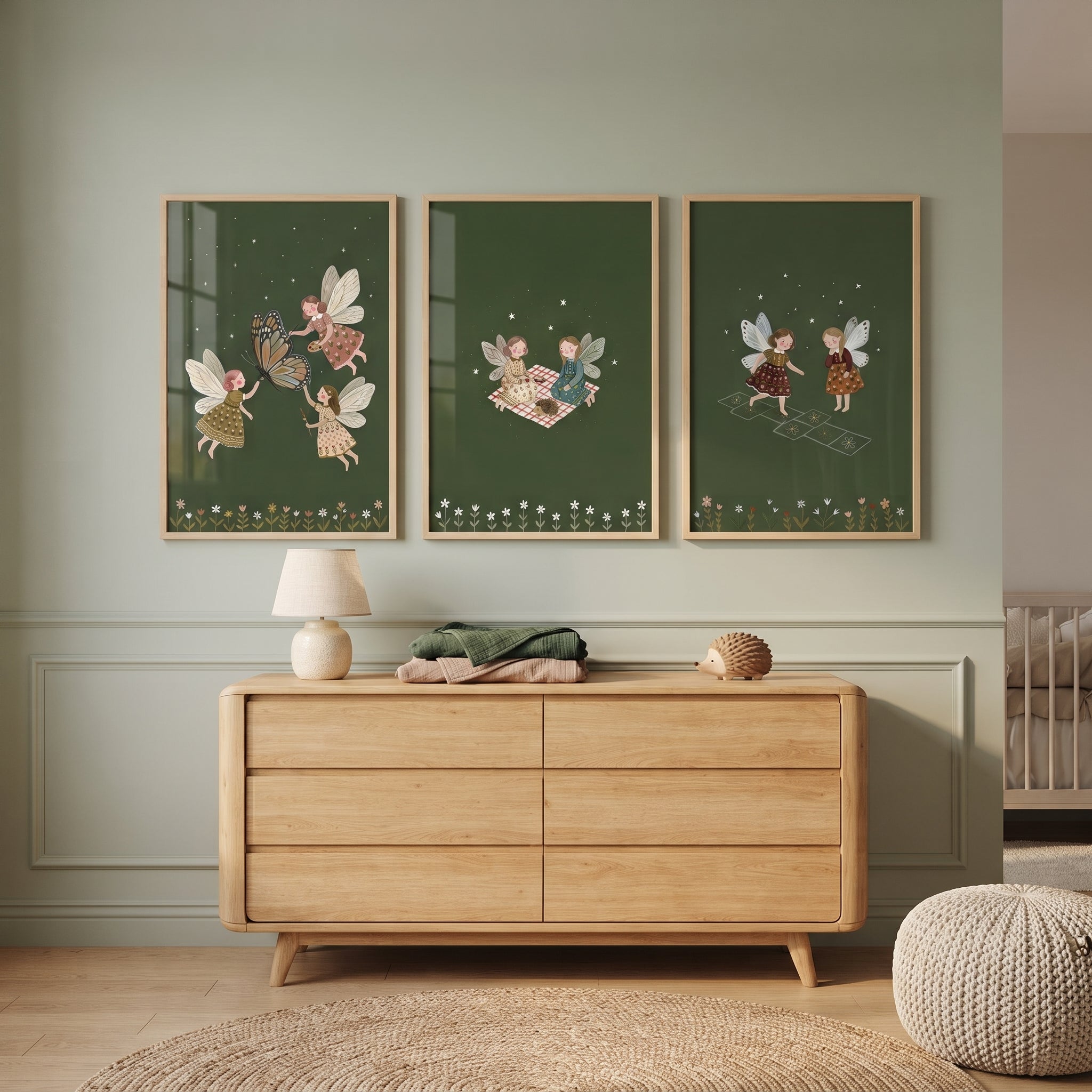 Starry Dark Green Fairies Wall Art Set of 3 - Enchanted Meadow Play