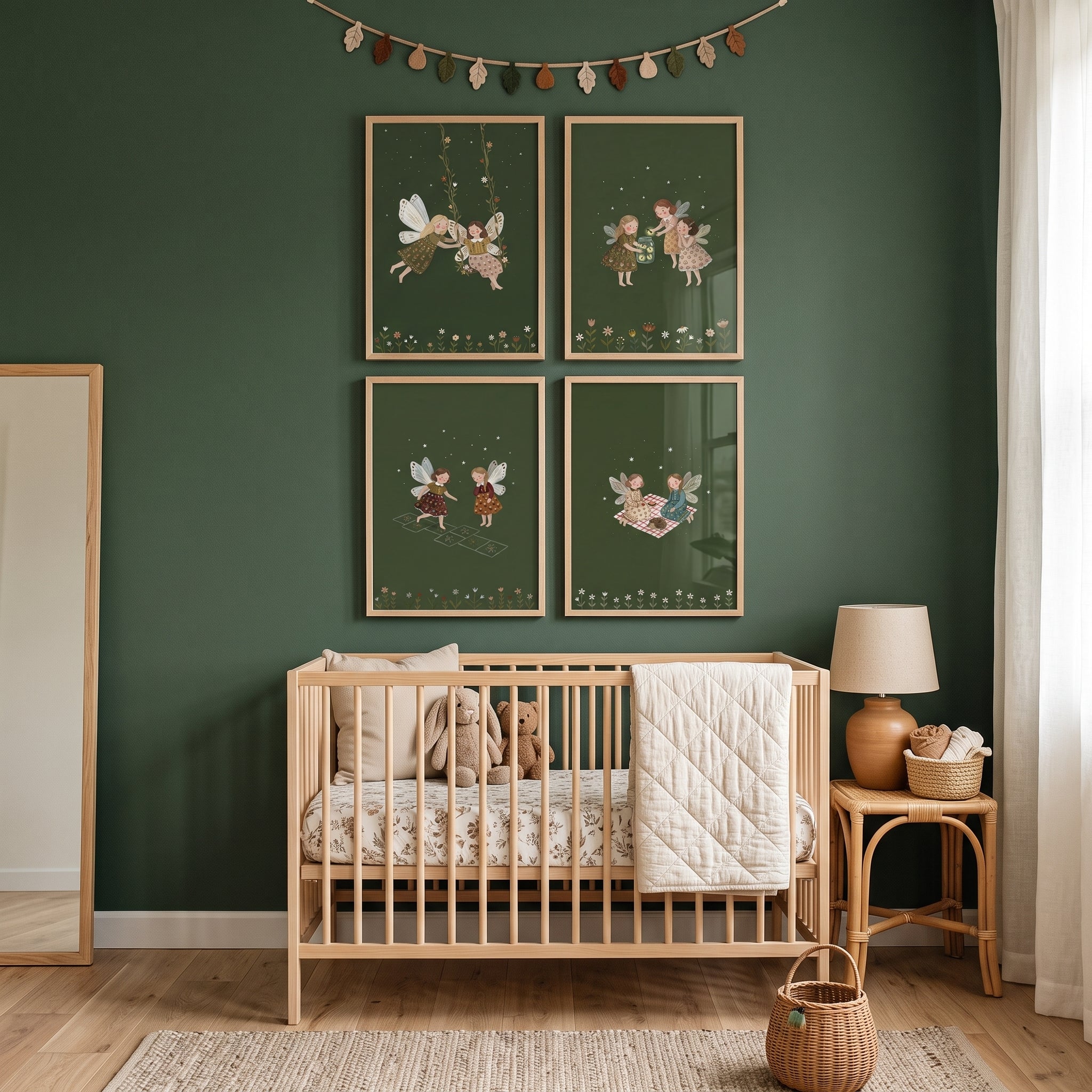 Starry Deep Green Fairies Wall Art Set of 4 - Enchanted Garden Tales