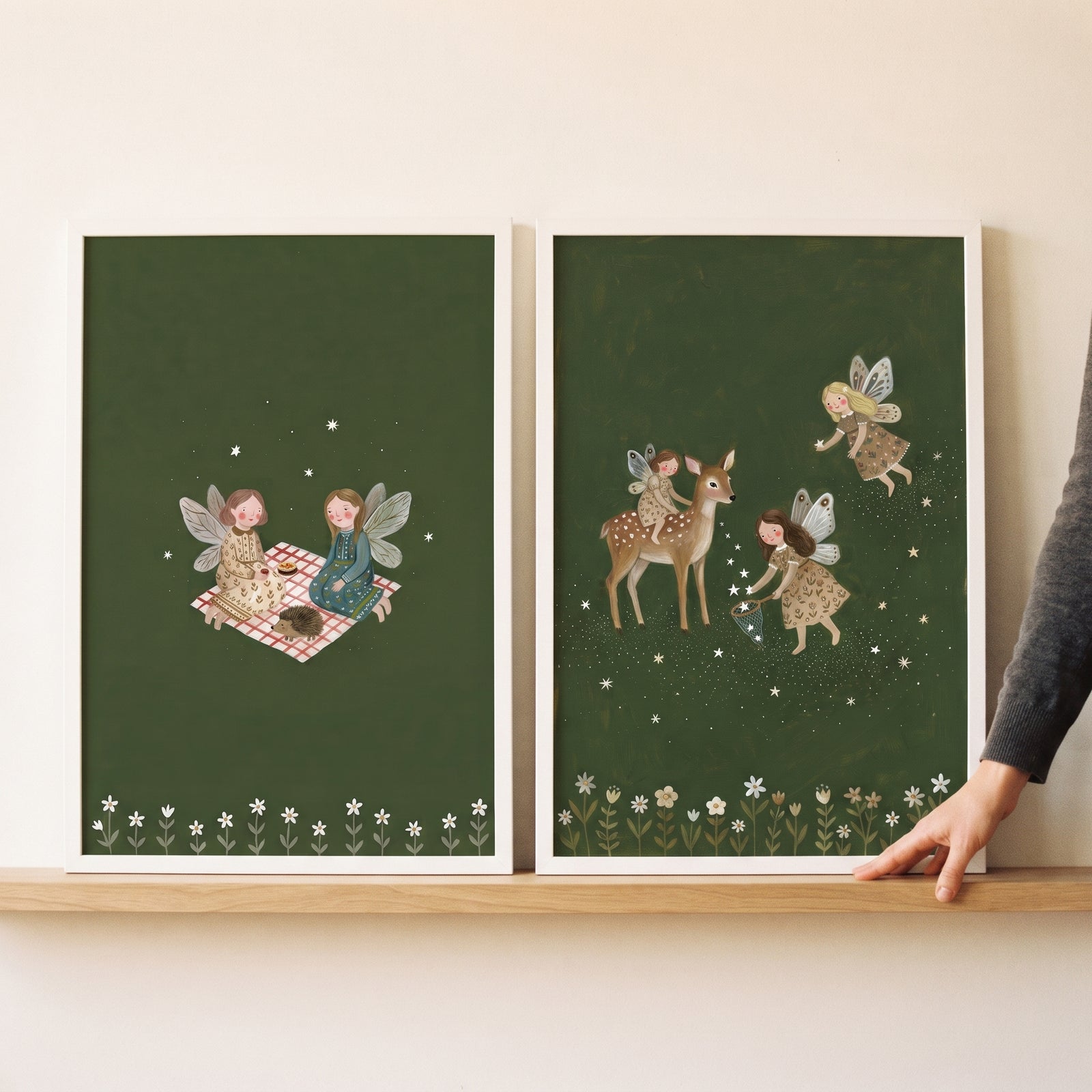 Starry floral folk fairies wall art set of 2 featuring whimsical woodland scenes with a deer and a picnic on dark green.
