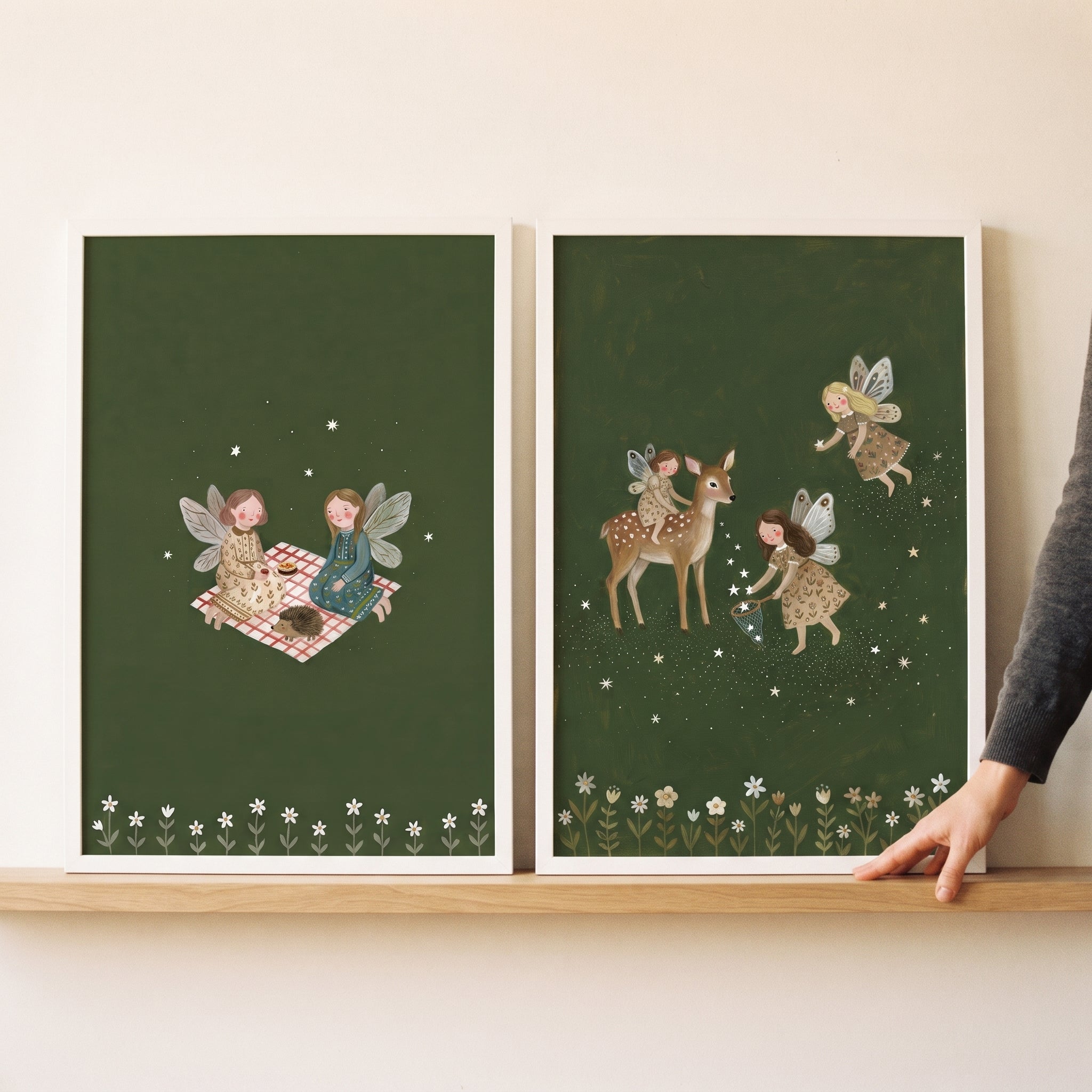 Starry Floral Folk Fairies Wall Art Set of 2 - Forest Fairy Picnic