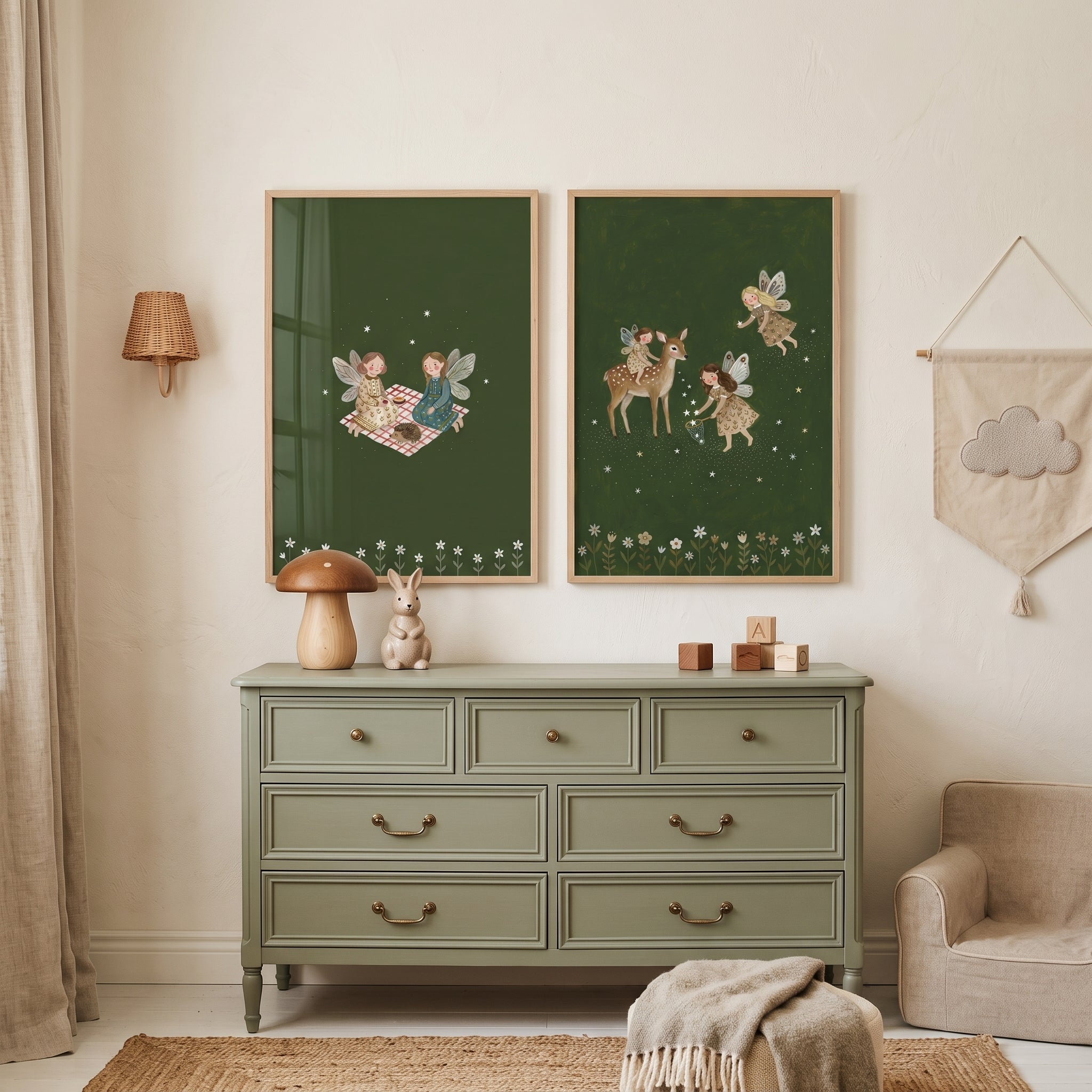 Starry Floral Folk Fairies Wall Art Set of 2 - Forest Fairy Picnic