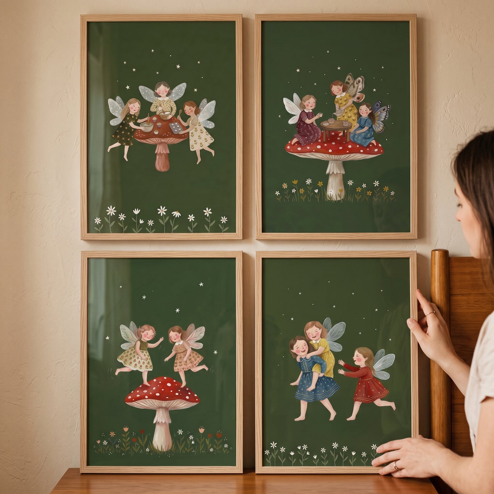 Starry floral woodland fairies wall art set of 4 depicts whimsical winged figures on mushrooms against a dark green sky.