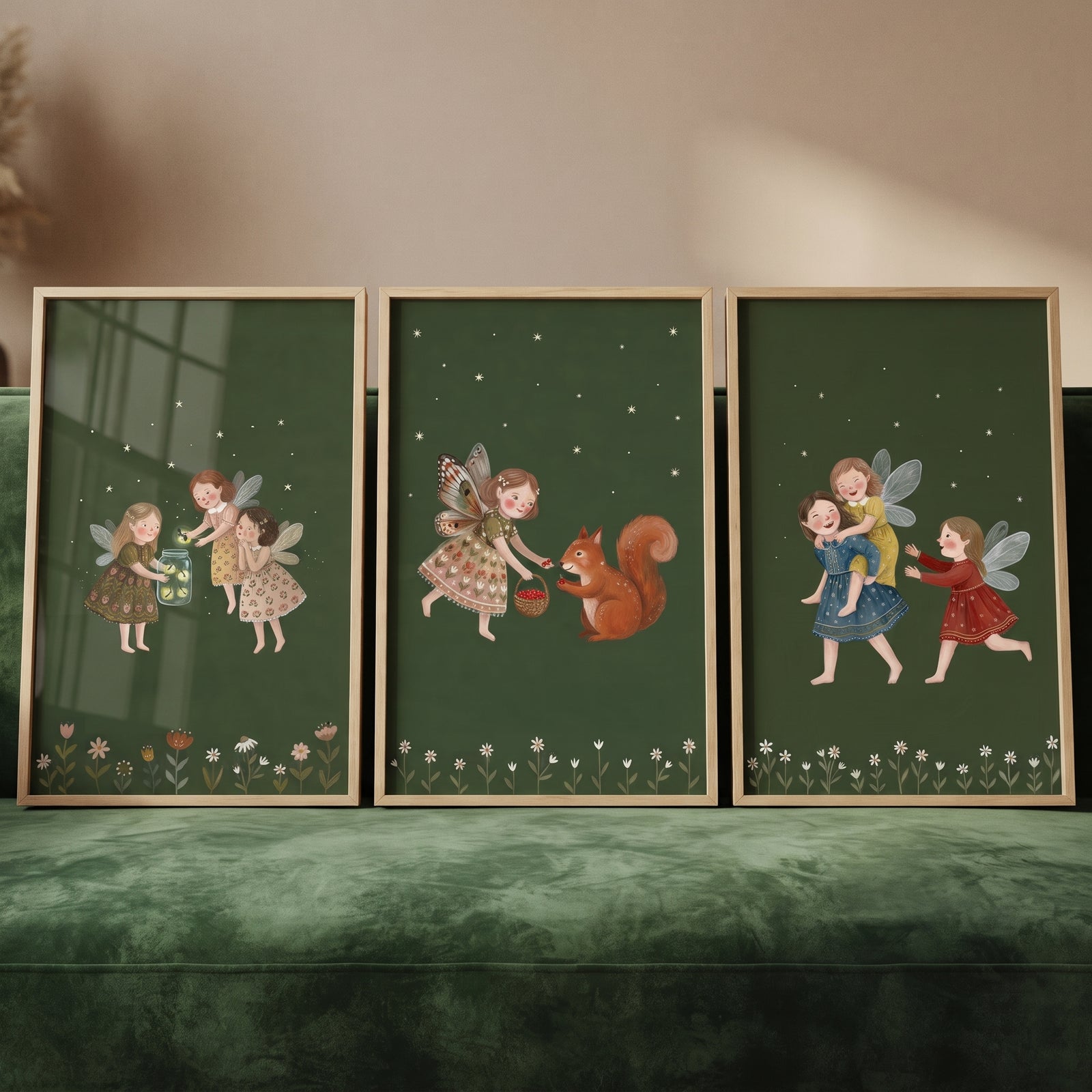 Starry forest green fairies wall art set of 3 featuring whimsical winged sprites with a squirrel and jars of glowing light.