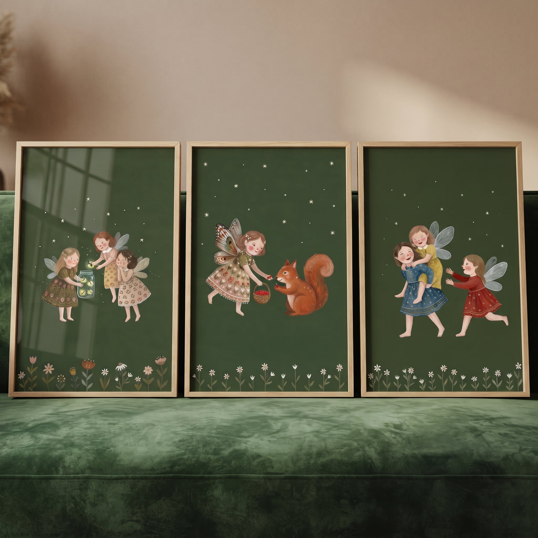 Starry Forest Green Fairies Wall Art Set of 3 - Whimsical Forest Magic