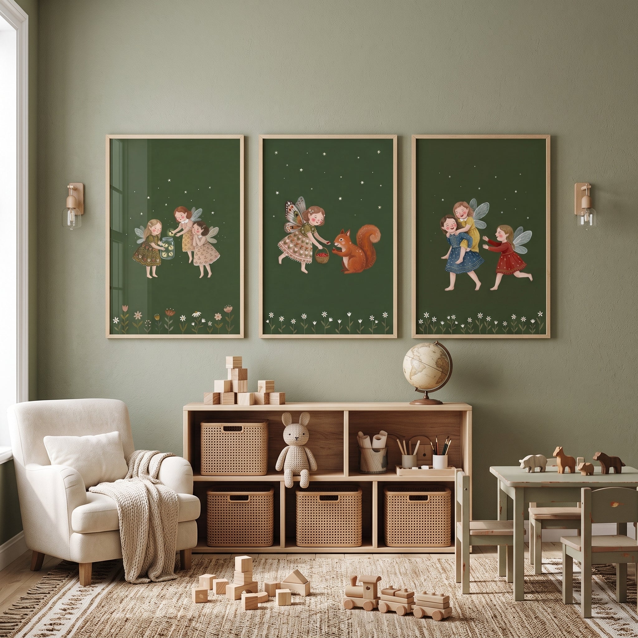 Starry Forest Green Fairies Wall Art Set of 3 - Whimsical Forest Magic