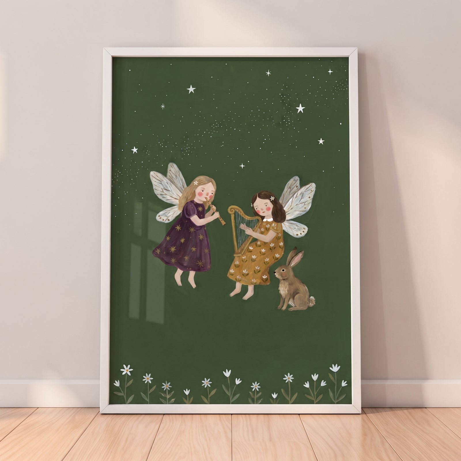 Starry green musical fairies wall art with two fairies playing a flute and harp for a rabbit near tiny white flowers.