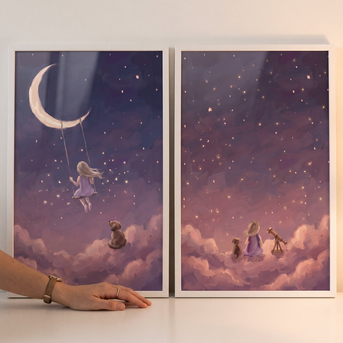 Starry Lavender Girl Dog Wall Art Set of 2 - Stardust Dreamers