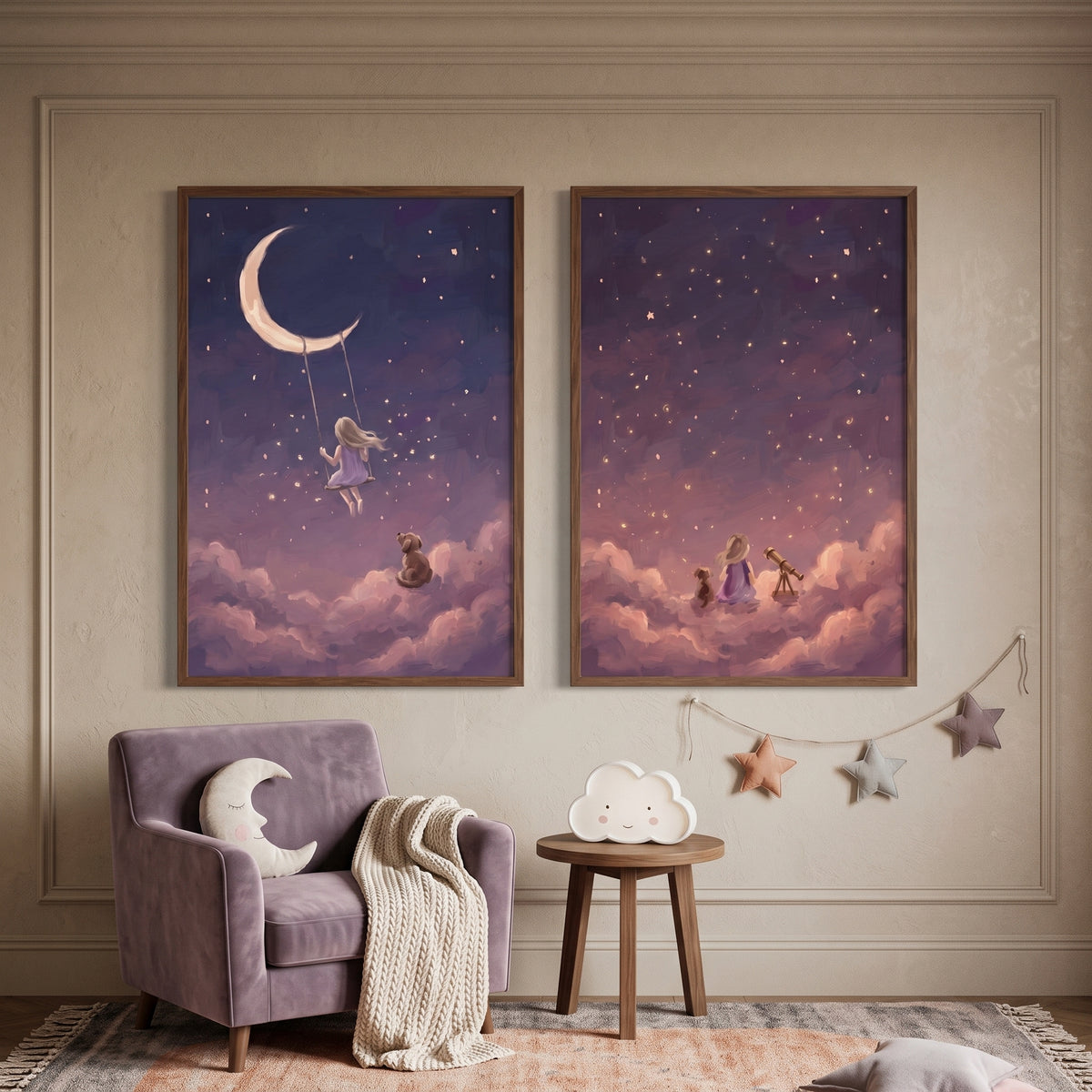 Starry Lavender Girl Dog Wall Art Set of 2 - Stardust Dreamers
