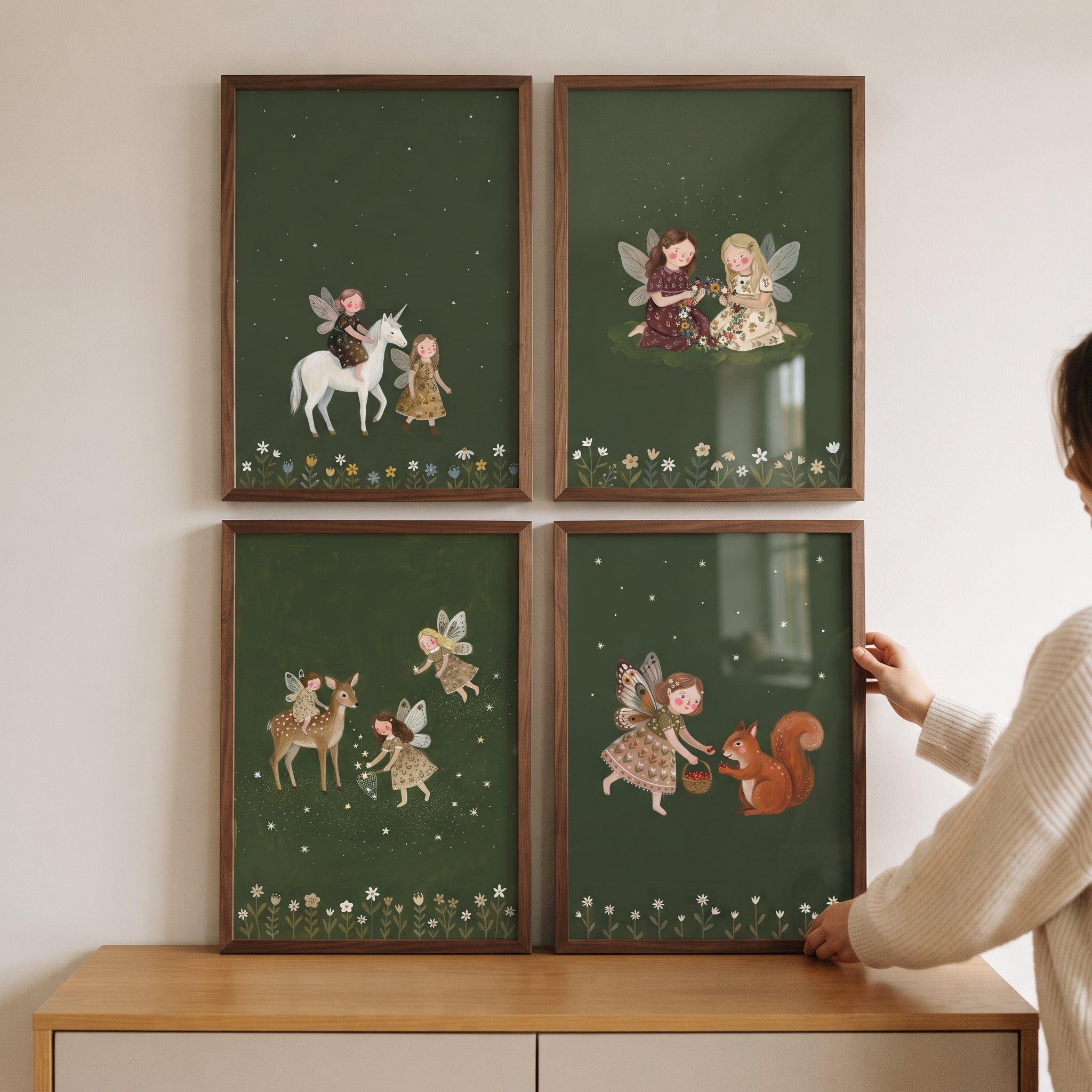 Starry Magical Woodland Fairies Wall Art Set of 4 - Enchanted Forest Fairies