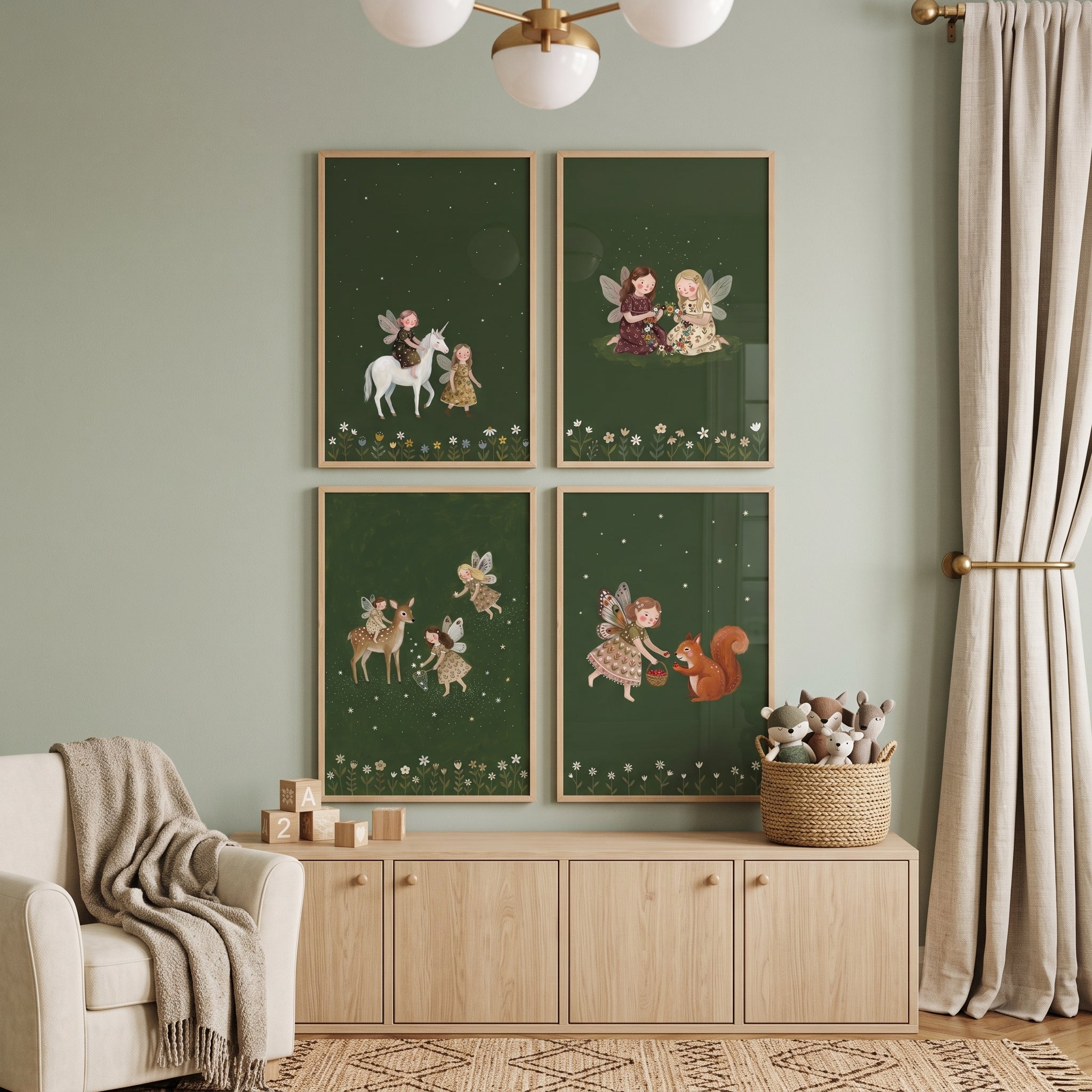 Starry Magical Woodland Fairies Wall Art Set of 4 - Enchanted Forest Fairies