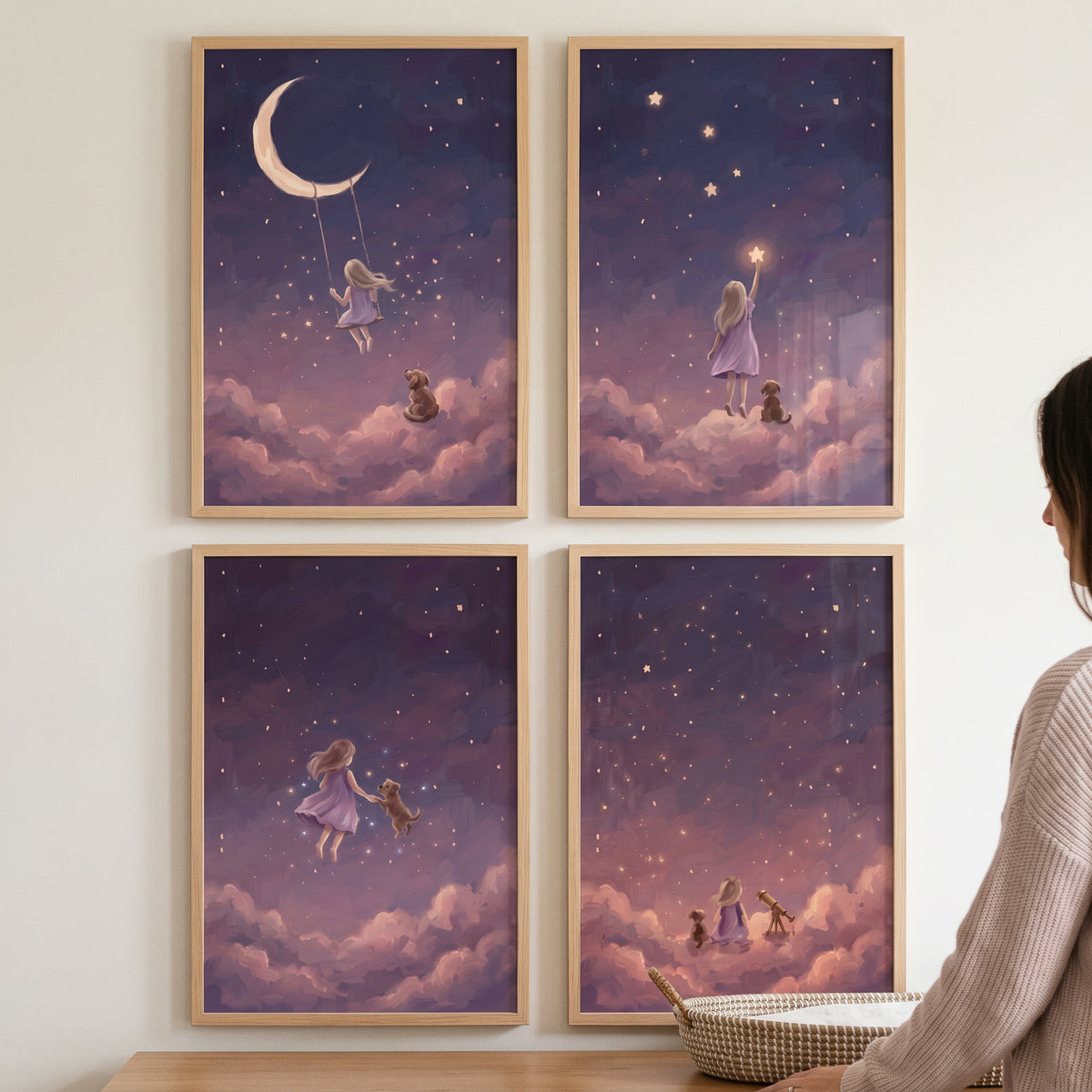 Starry midnight girl dog wall art set of 4 shows a girl and her dog adventuring through purple clouds and stars.