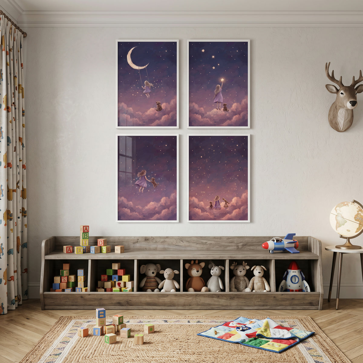 Starry Midnight Girl Dog Wall Art Set of 4 - Starry Night Friends