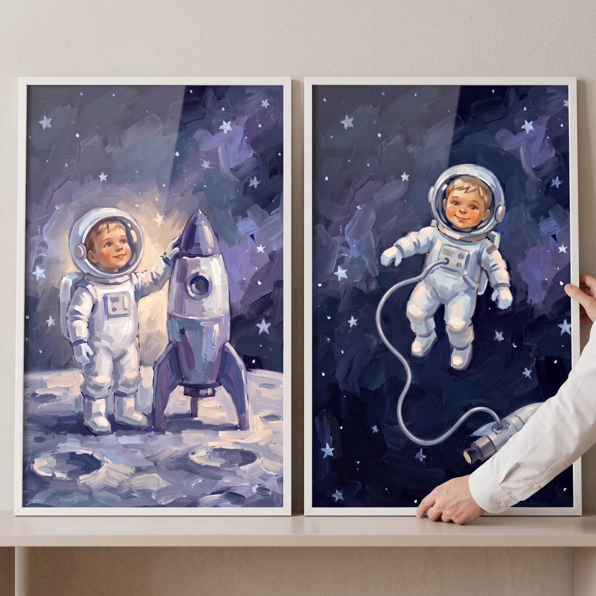 starry night baby astronaut wall art set of 2 featuring a child next to a rocket and another child floating in space.