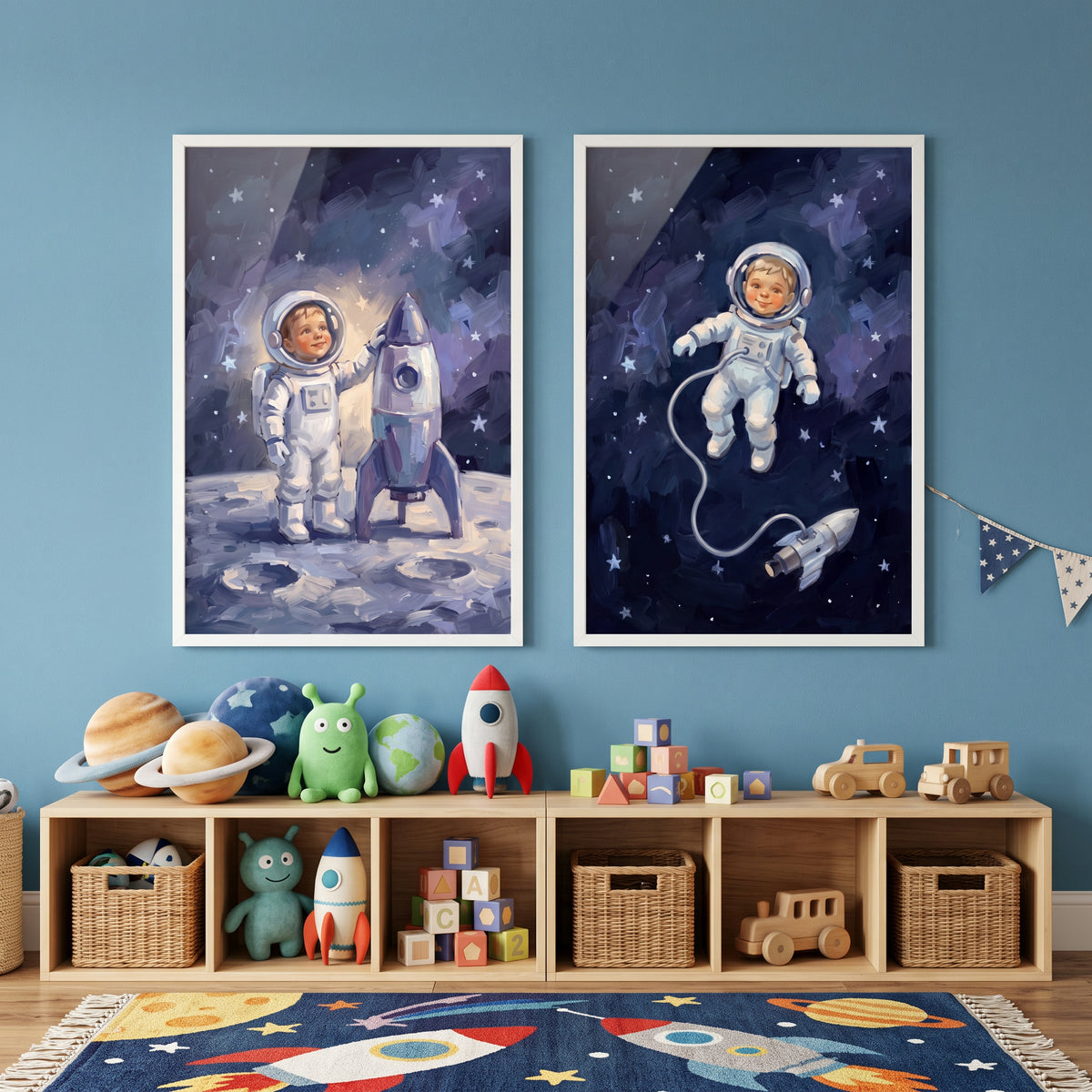 Starry Night Baby Astronaut Wall Art Set of 2 - Tiny Moon Voyager