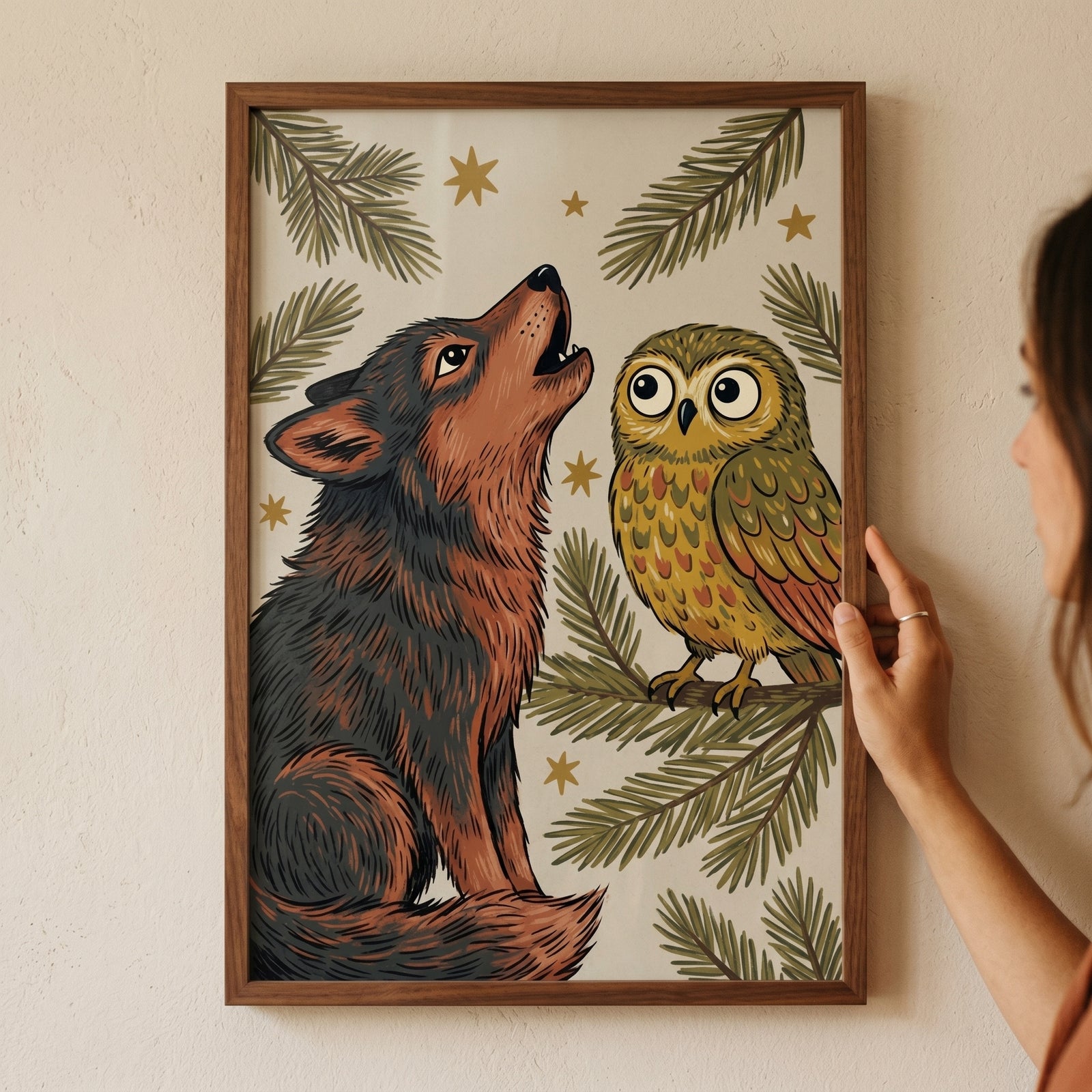 A howling wolf and wide-eyed owl on pine branches in this starry night howling wolf animals wall art.
