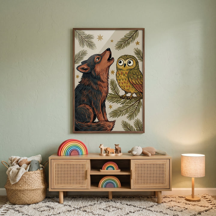 Starry night howling wolf animals wall art hangs above a wooden cabinet with toys, a wicker basket, and a table lamp.
