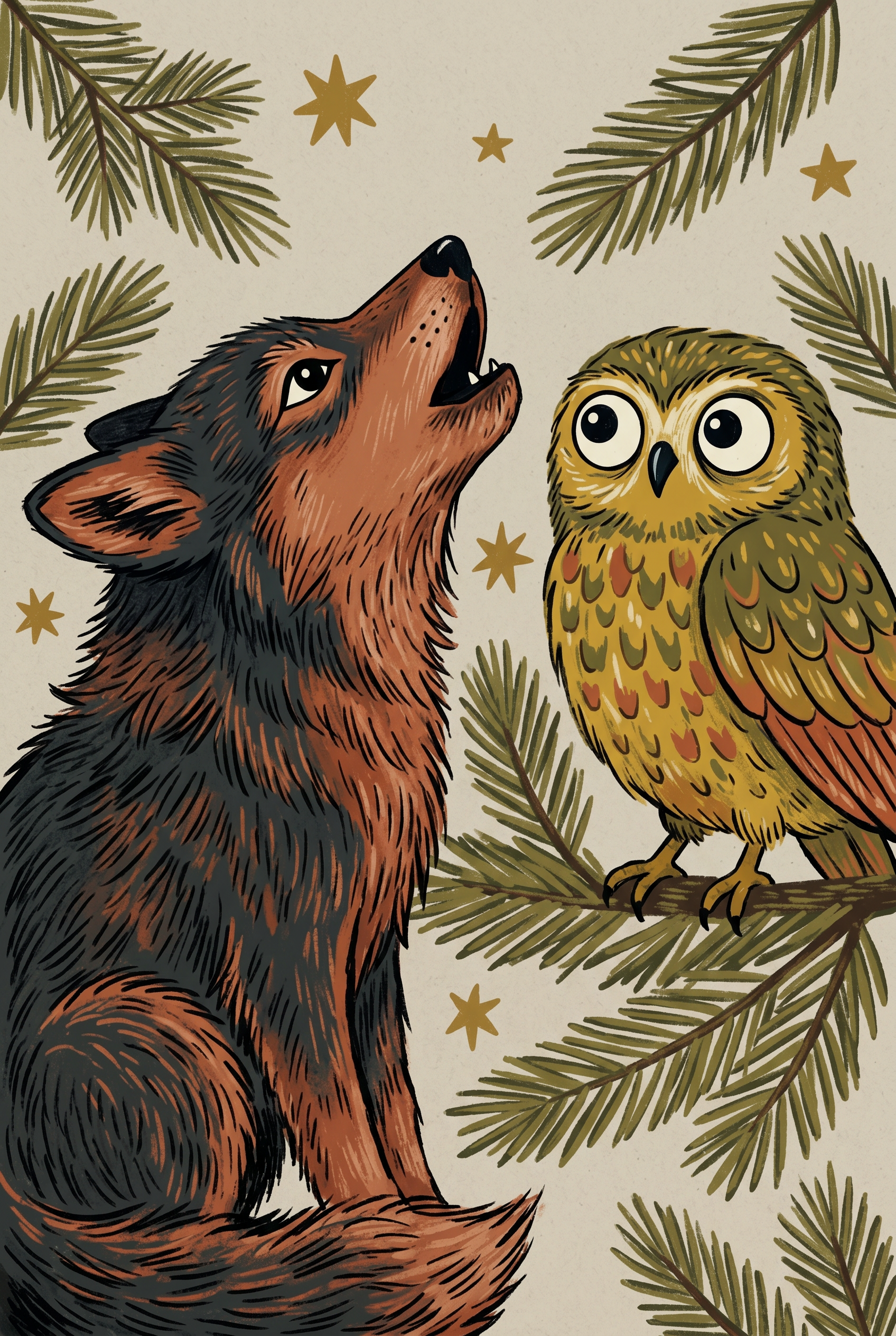 Starry Night Howling Wolf Animals Wall Art - Nocturnal Forest Song