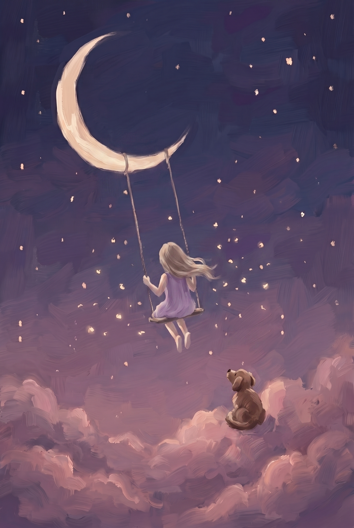 Girl on a crescent moon swing above a dog on pink clouds in this starry night sky dog artwork.