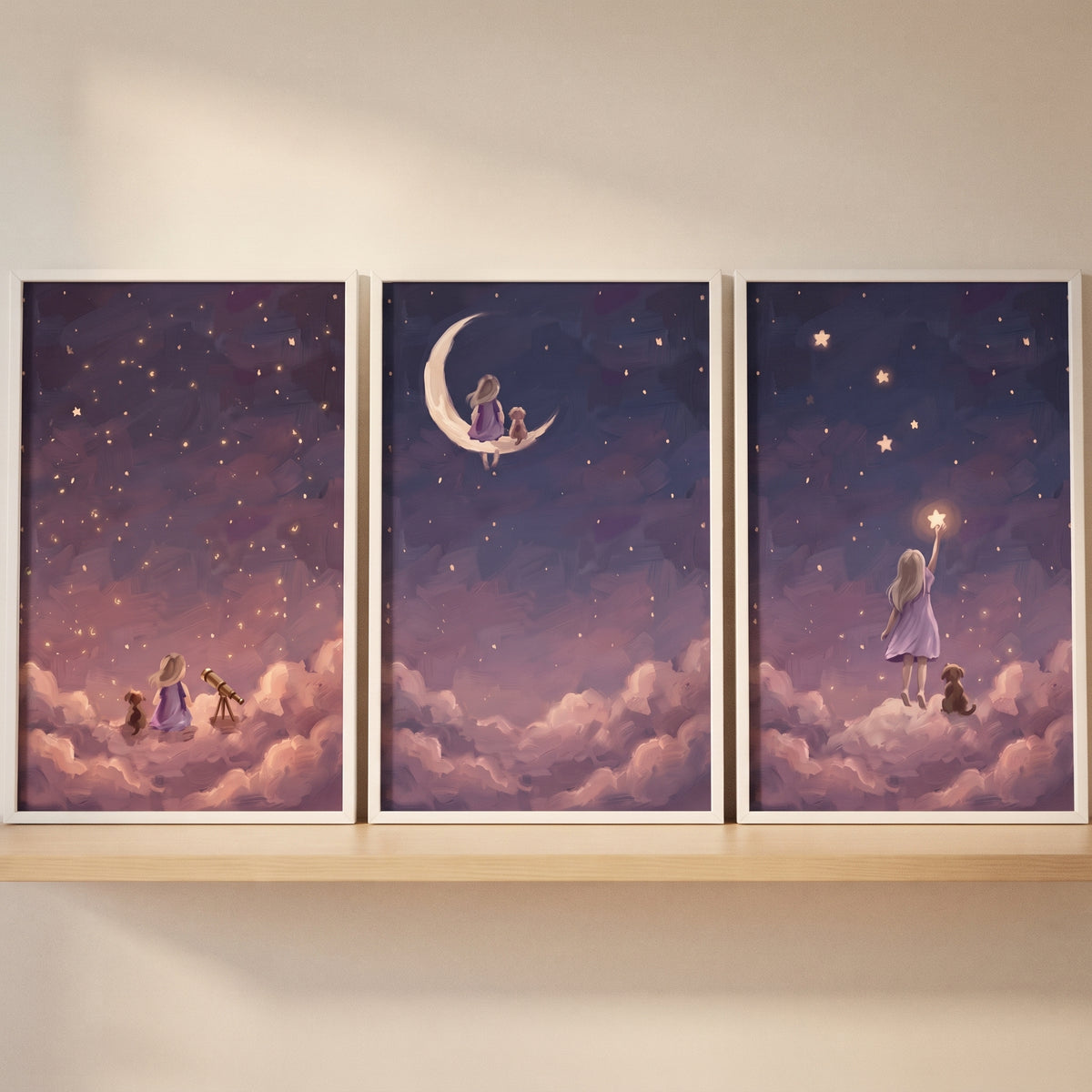 Starry night sky girl dog artwork set of 3 depicts a girl and dog among purple clouds, a crescent moon, and stars.