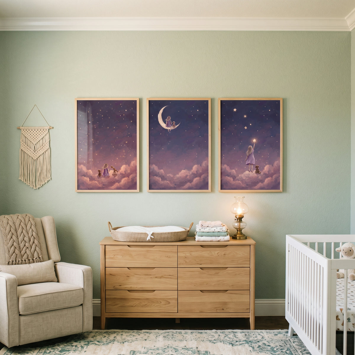 Starry Night Sky Girl Dog Artwork Set of 3 - Celestial Dream Quest