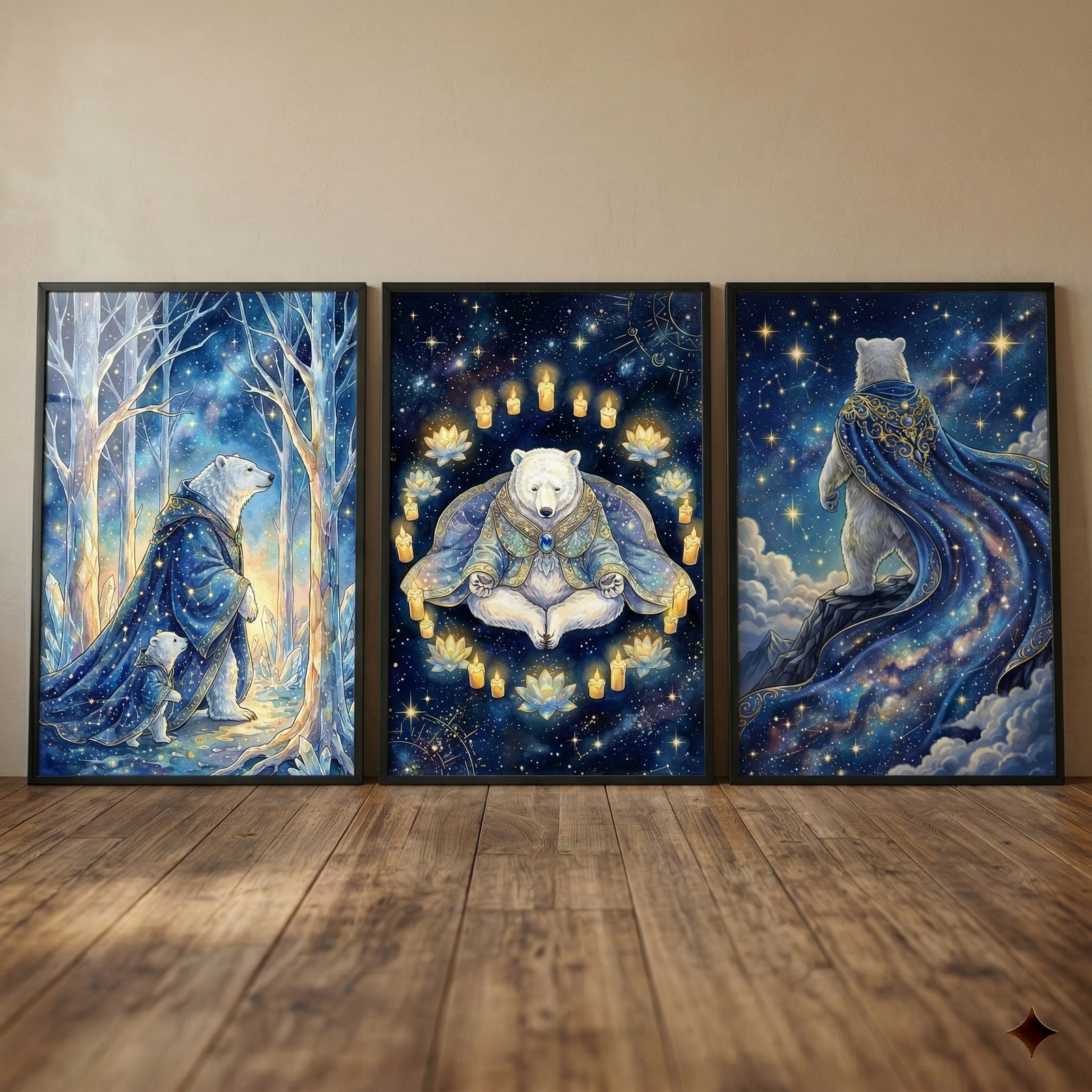 Three framed vertical illustrations lean against a neutral-colored wall on a wooden floor, forming a mystical triptych. Each piece features a white bear in a celestial setting. The left artwork shows an adult and cub in star-patterned robes walking through a glowing, crystalline forest. The central piece depicts a bear in a meditative pose, adorned in blue and gold robes, encircled by candles and lotus flowers. The right piece shows a bear on a rocky ledge, its ornate cape blending into a galaxy.