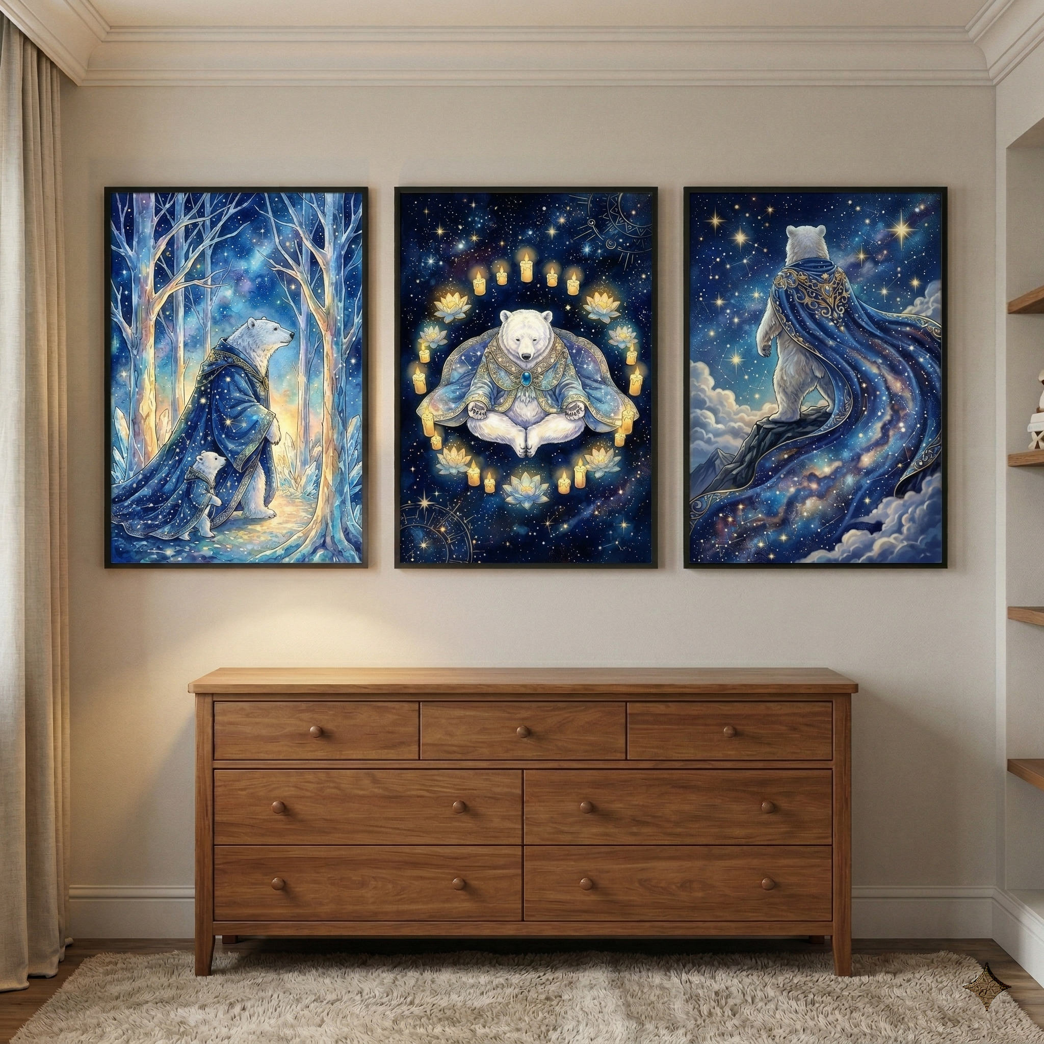 Starry Night Sky Polar Bear Wall Art Set of 3 - Celestial Bear Spirits