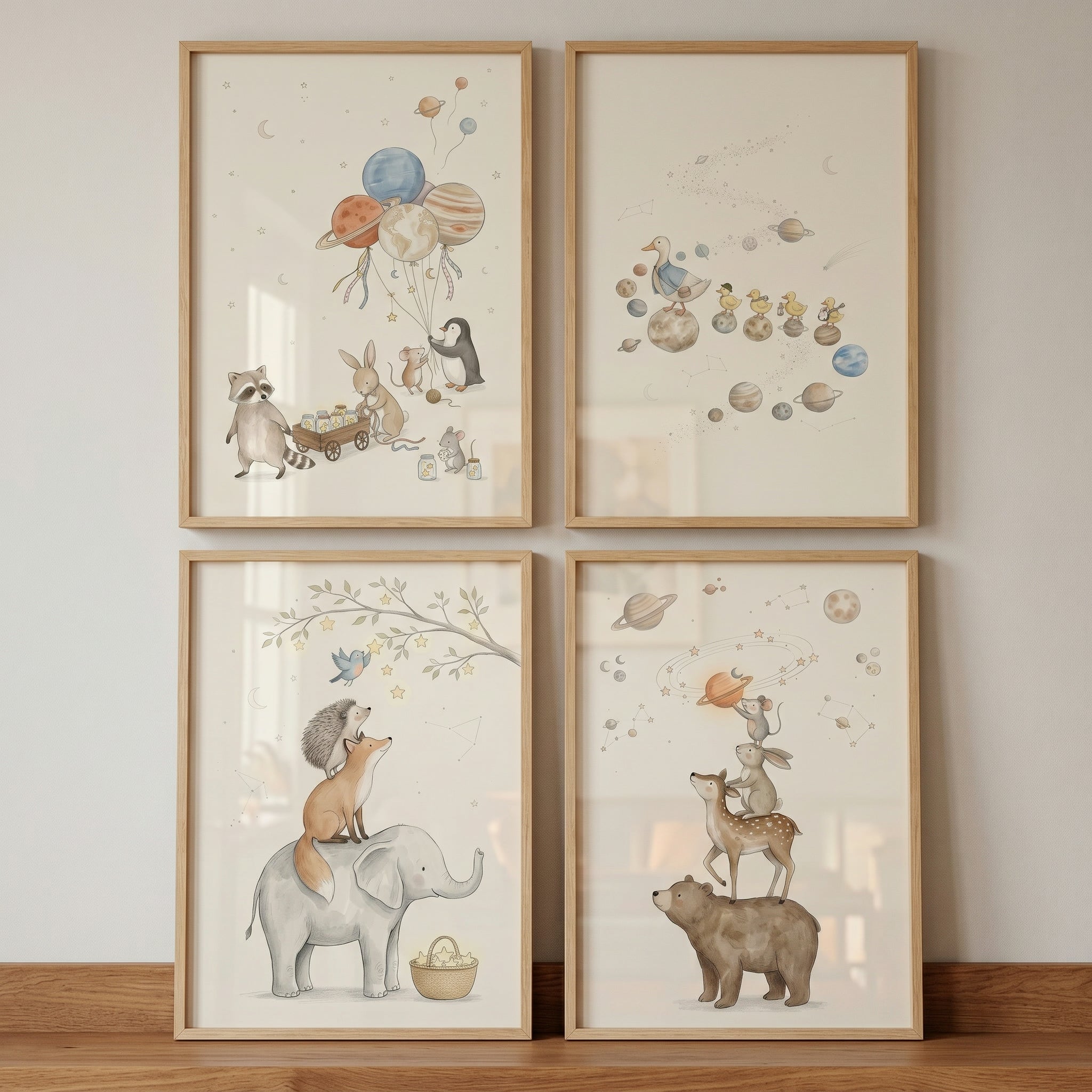 Starry Night Whimsical Animals Wall Art Set of 4 - Celestial Nursery Tales