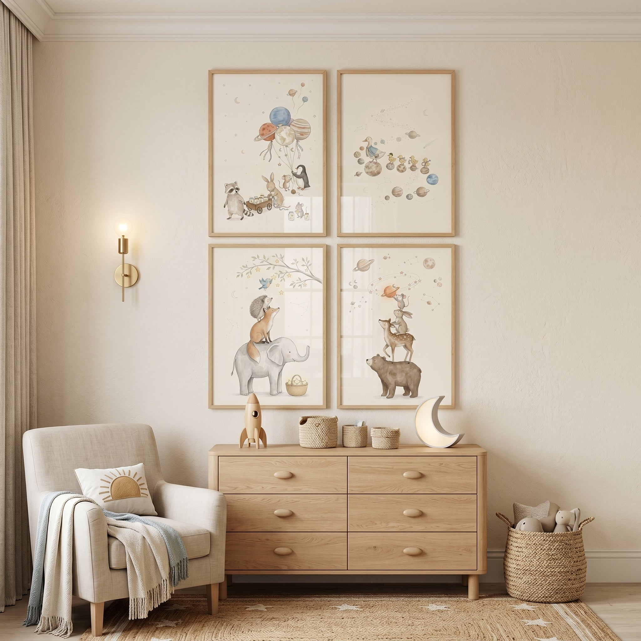 Starry Night Whimsical Animals Wall Art Set of 4 - Celestial Nursery Tales