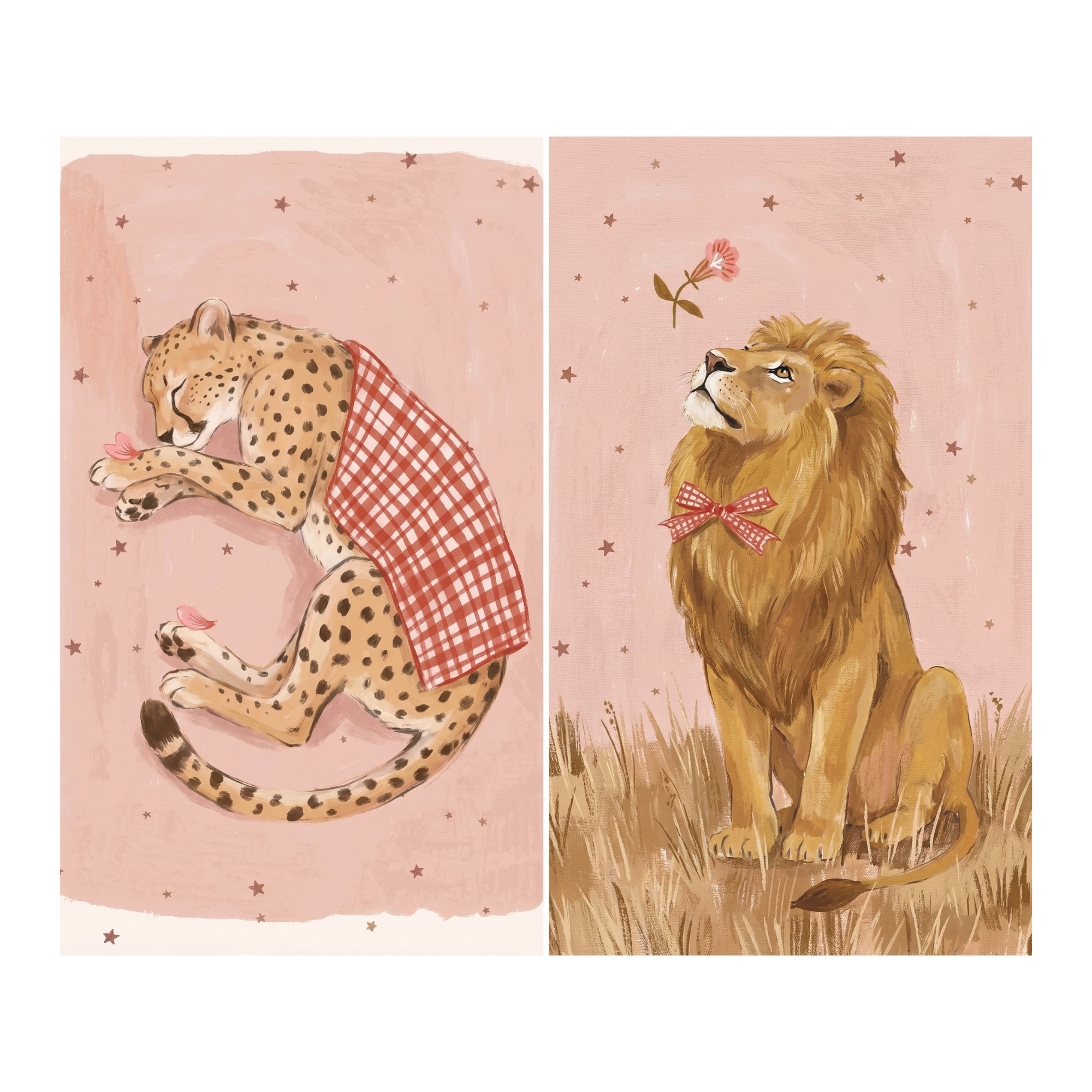 Starry Pink Big Cat Wall Art Set of 2 - Sweet Savannah Dreams