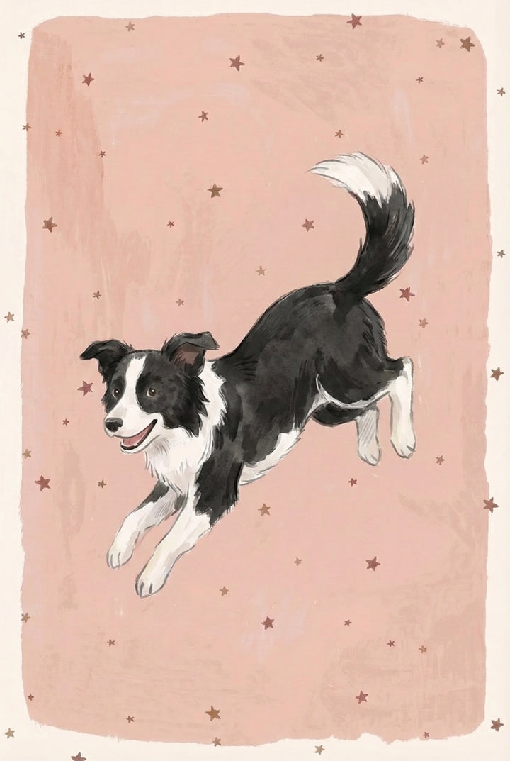 A lively illustration of a black and white border collie leaping forward with its tail raised against a soft pink background with scattered stars.

