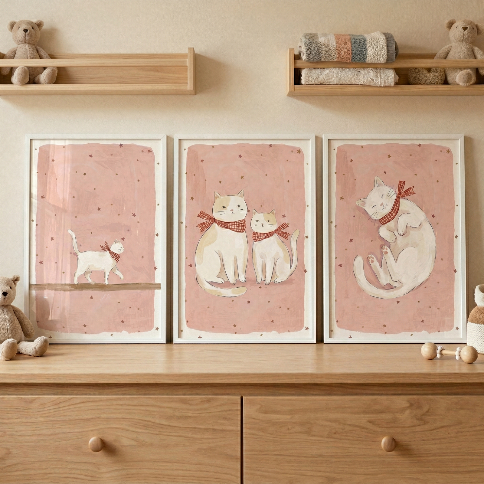 A set of three framed illustrations is displayed on a light beige wall in a serene nursery setting. The art pieces, arranged side-by-side, feature charming white cats with hand-drawn details on a soft, dusty pink background dotted with small specks. Each cat wears a little red checkered scarf. 